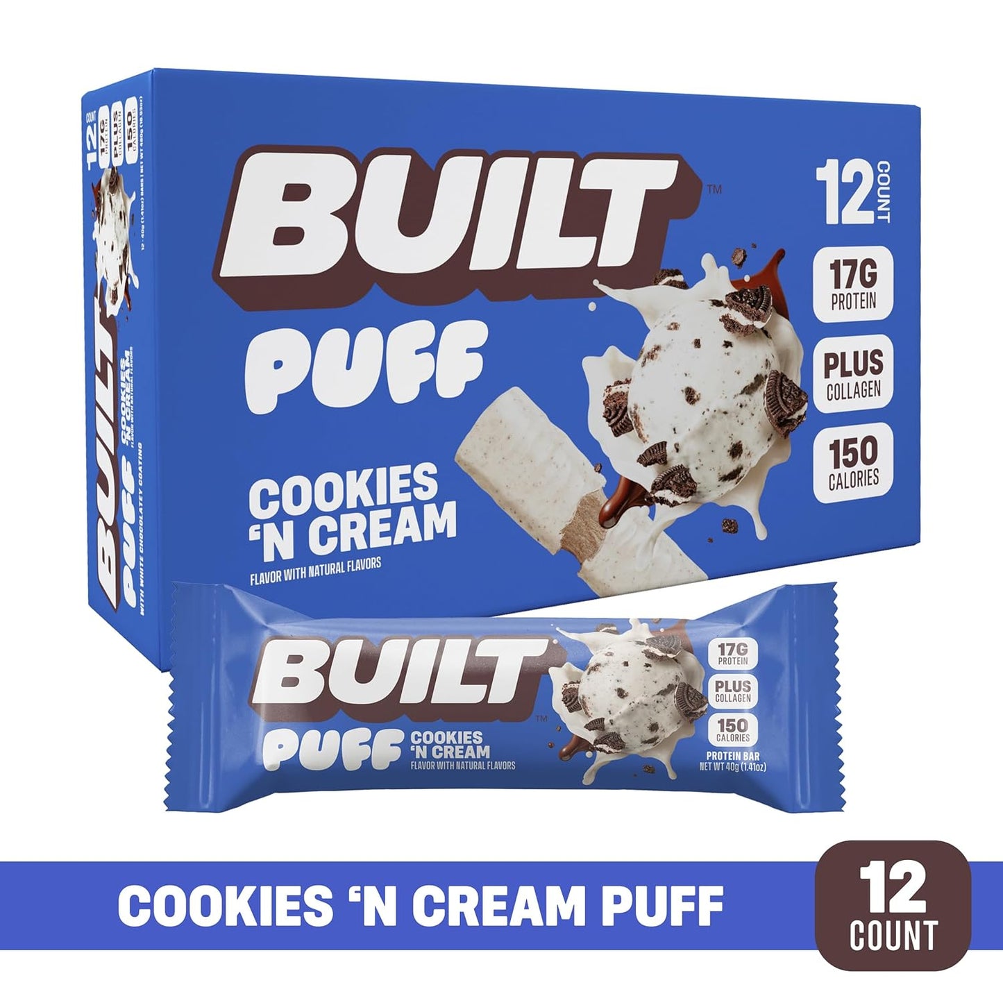 BUILT Puffs Protein Bars, Cookies 'N Cream Puff - 17g Protein, 140 Calories, On-The-Go Snacks - Pack of 12