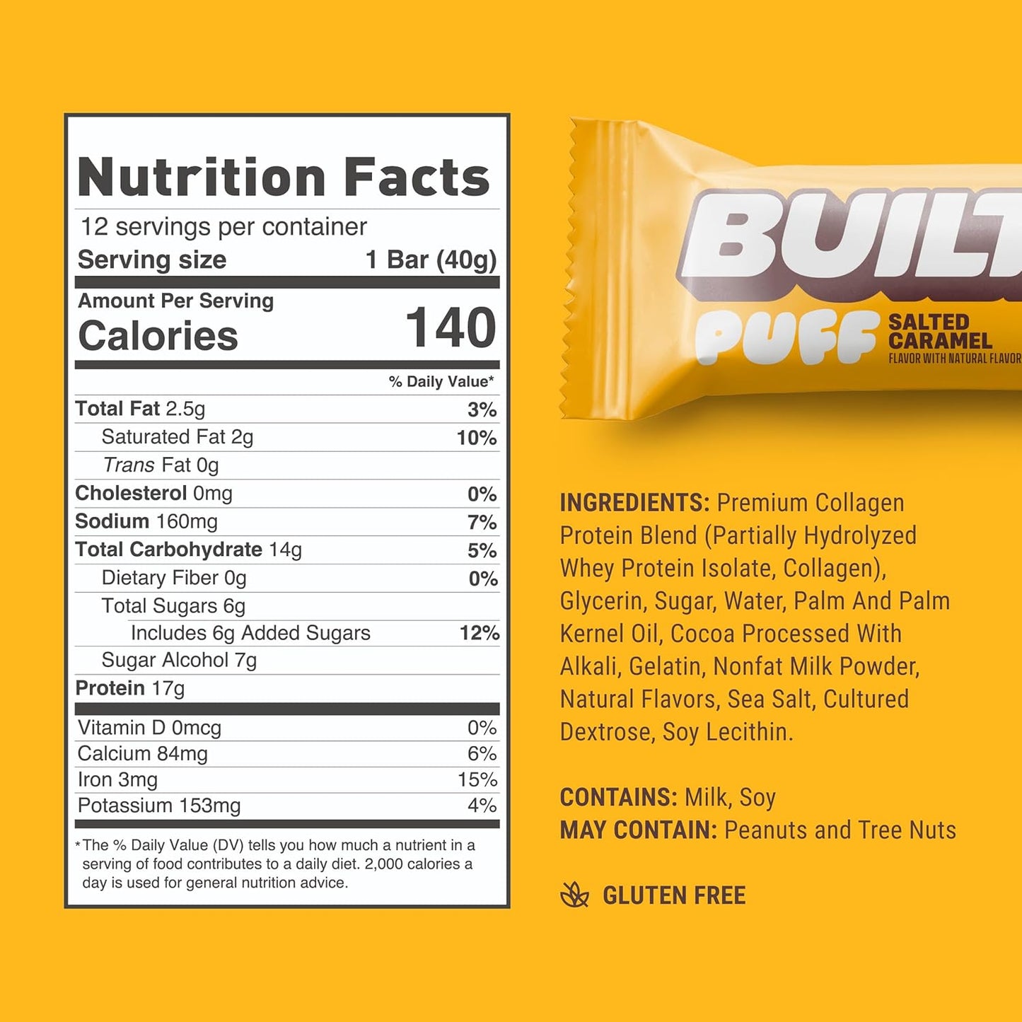 BUILT Salted Caramel Puff Protein Bars - High Protein Snacks, On-The-Go Bars - 140 Calories, 6g Sugar, Collagen - Gluten Free - 12 Count