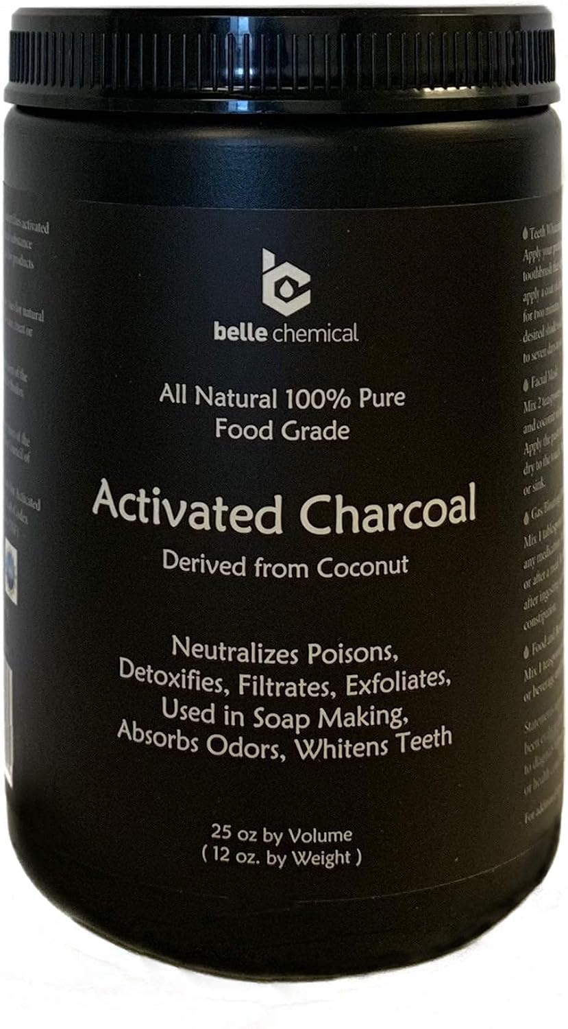 Bulk Belle Chemical Large Coconut Activated Charcoal Powder - Food Grade, Kosher, NSF Certified - Ideal for Teeth Whitening, Facial Scrubs, and Soap Making - Less-Mess Jar