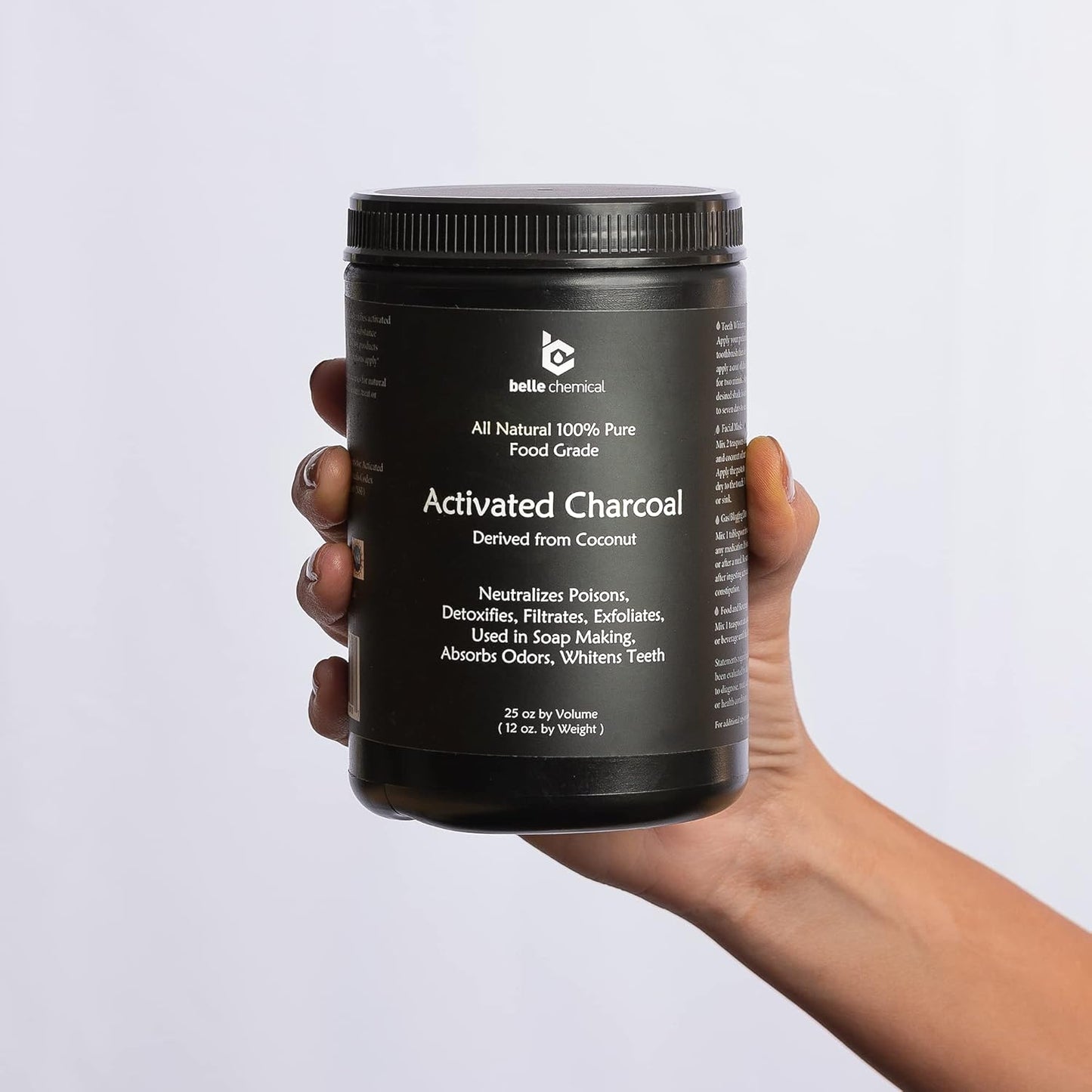 Bulk Belle Chemical Large Coconut Activated Charcoal Powder - Food Grade, Kosher, NSF Certified - Ideal for Teeth Whitening, Facial Scrubs, and Soap Making - Less-Mess Jar