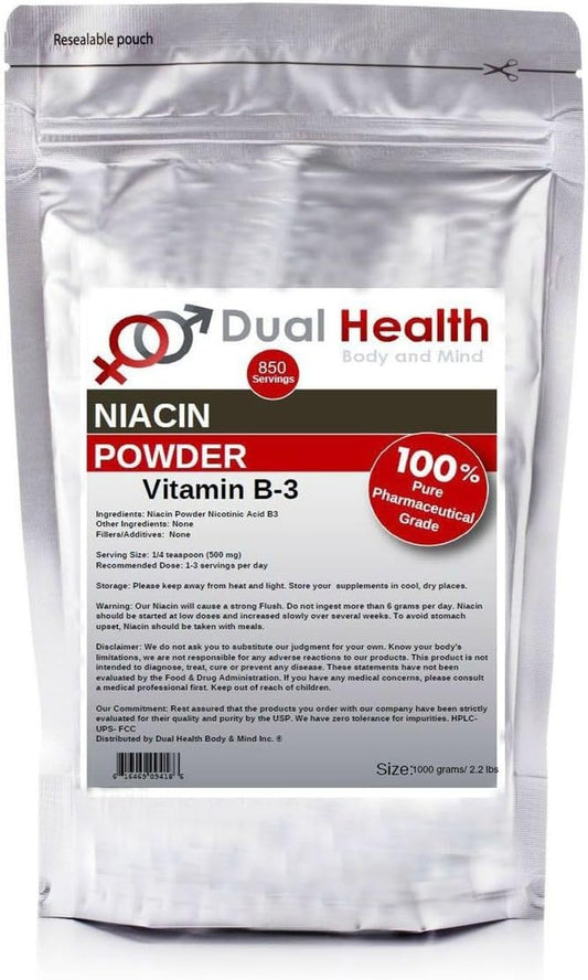 Bulk Dual Health Body & Mind Niacin Powder (2.2 lbs) - Vitamin B3 Supplement with Immediate Release Nicotinic Acid - Non-GMO, Vegan, Gluten-Free Formula for Fast Absorption