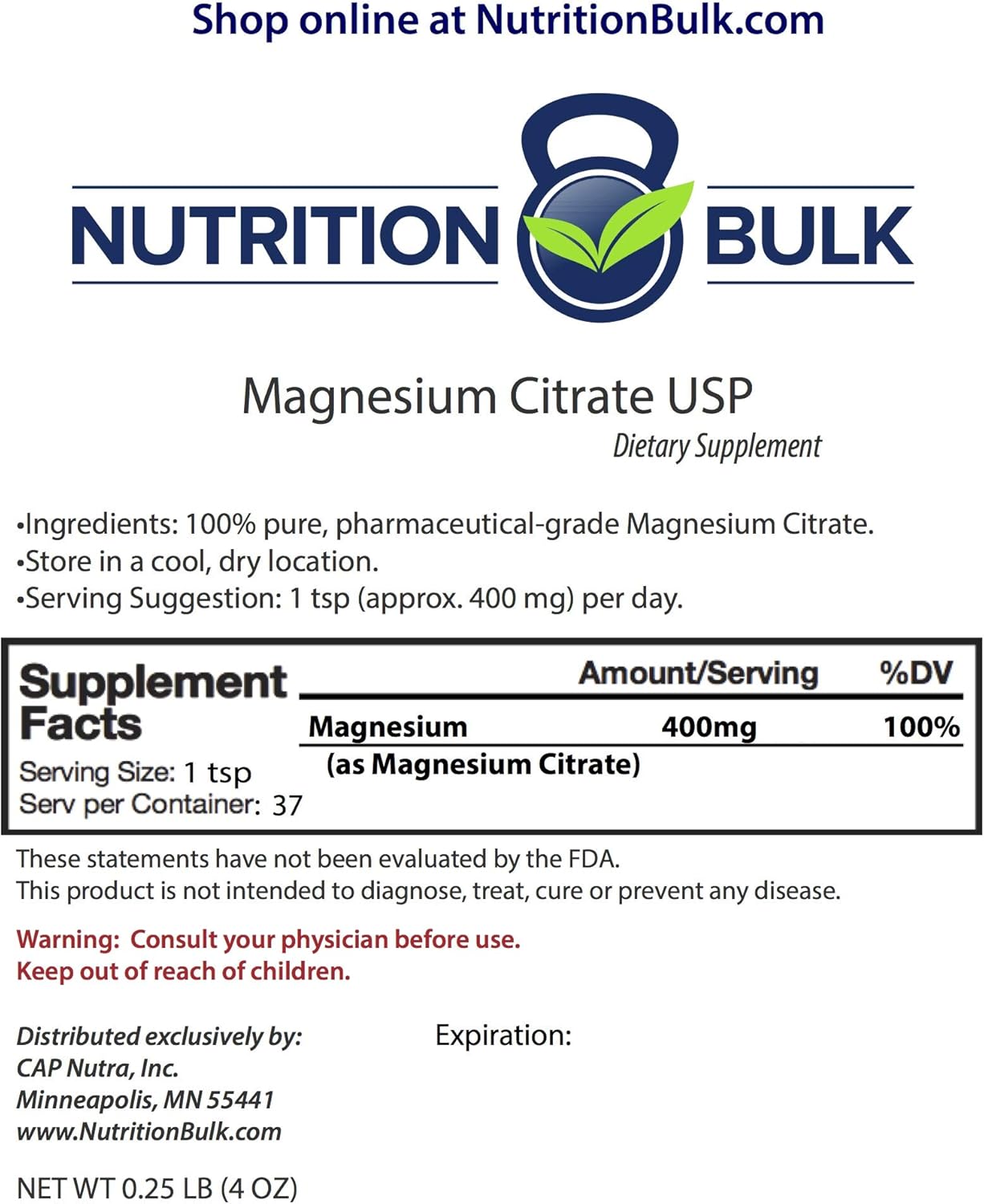 Bulk Magnesium Citrate Powder - Non-GMO, Vegan, Gluten-Free, Soy-Free, Keto-Friendly, No Fillers - Relaxation & Digestive Support - 4 oz