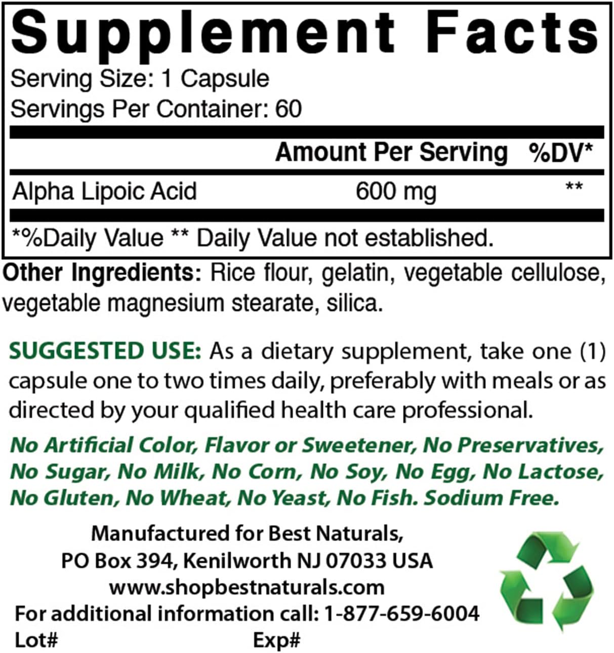 Bulk Pack of 180 Best Naturals Alpha Lipoic Acid 600 mg Capsules - Strong Antioxidant Supplement