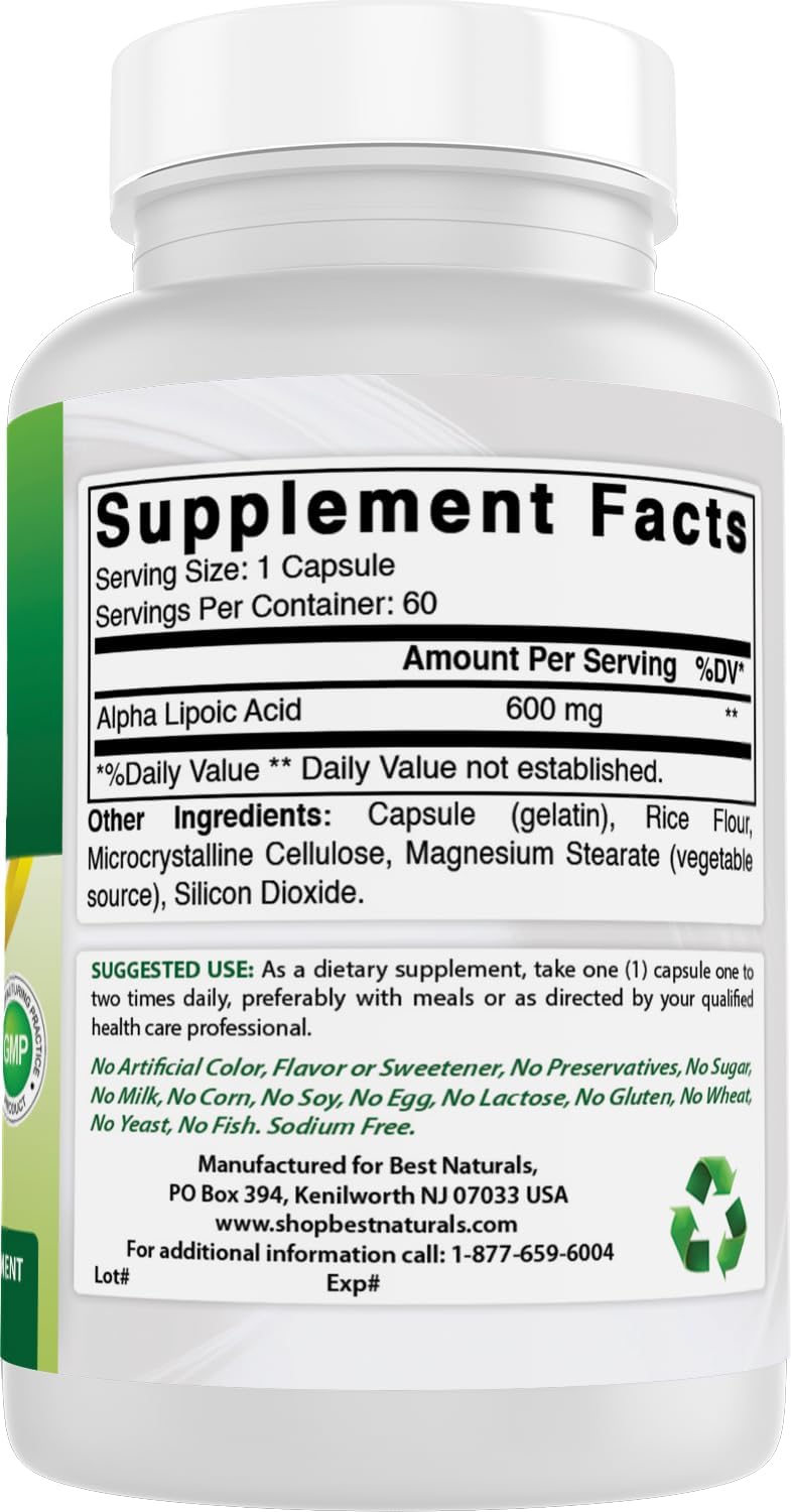 Bulk Pack of 180 Best Naturals Alpha Lipoic Acid 600 mg Capsules - Strong Antioxidant Supplement