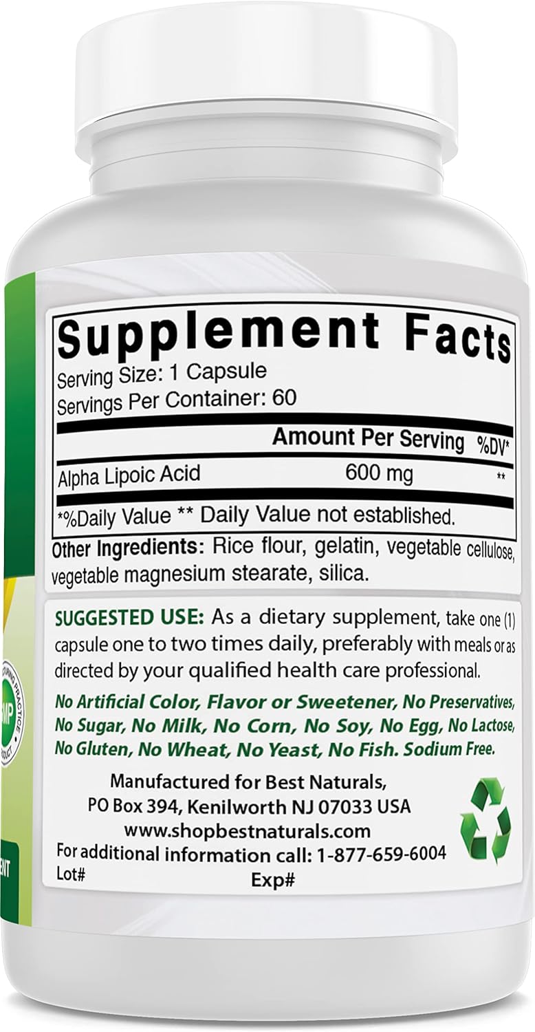 Bulk Pack of 180 Best Naturals Alpha Lipoic Acid 600 mg Capsules - Strong Antioxidant Supplement