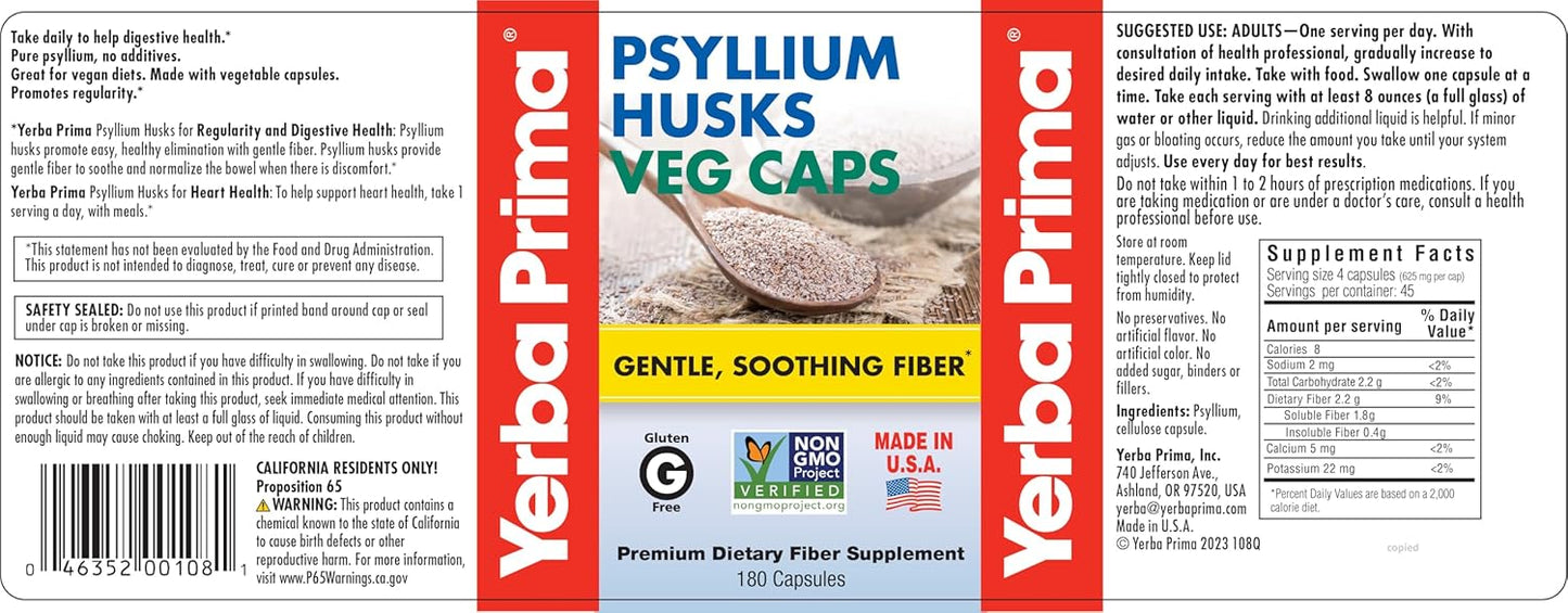 Bulk Pack of 360 Yerba Prima Psyllium Husks Fiber Veg Capsules