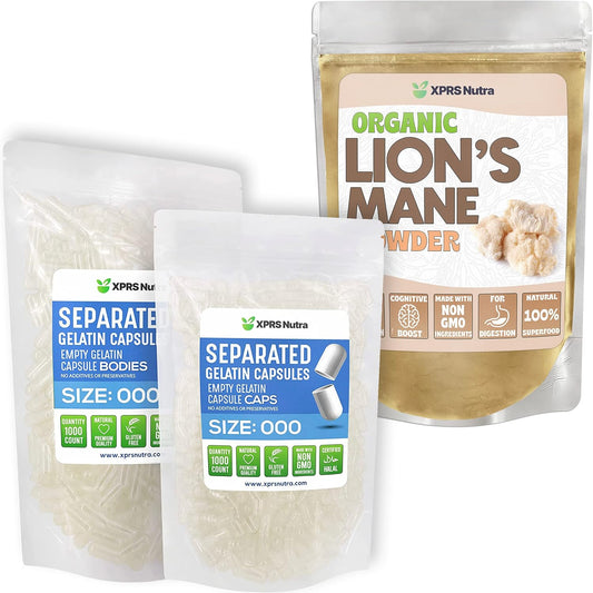 Bulk Size 000 Capsules & Lion's Mane Powder Bundle - 1000 Count Capsules & 8 oz Powder Pack