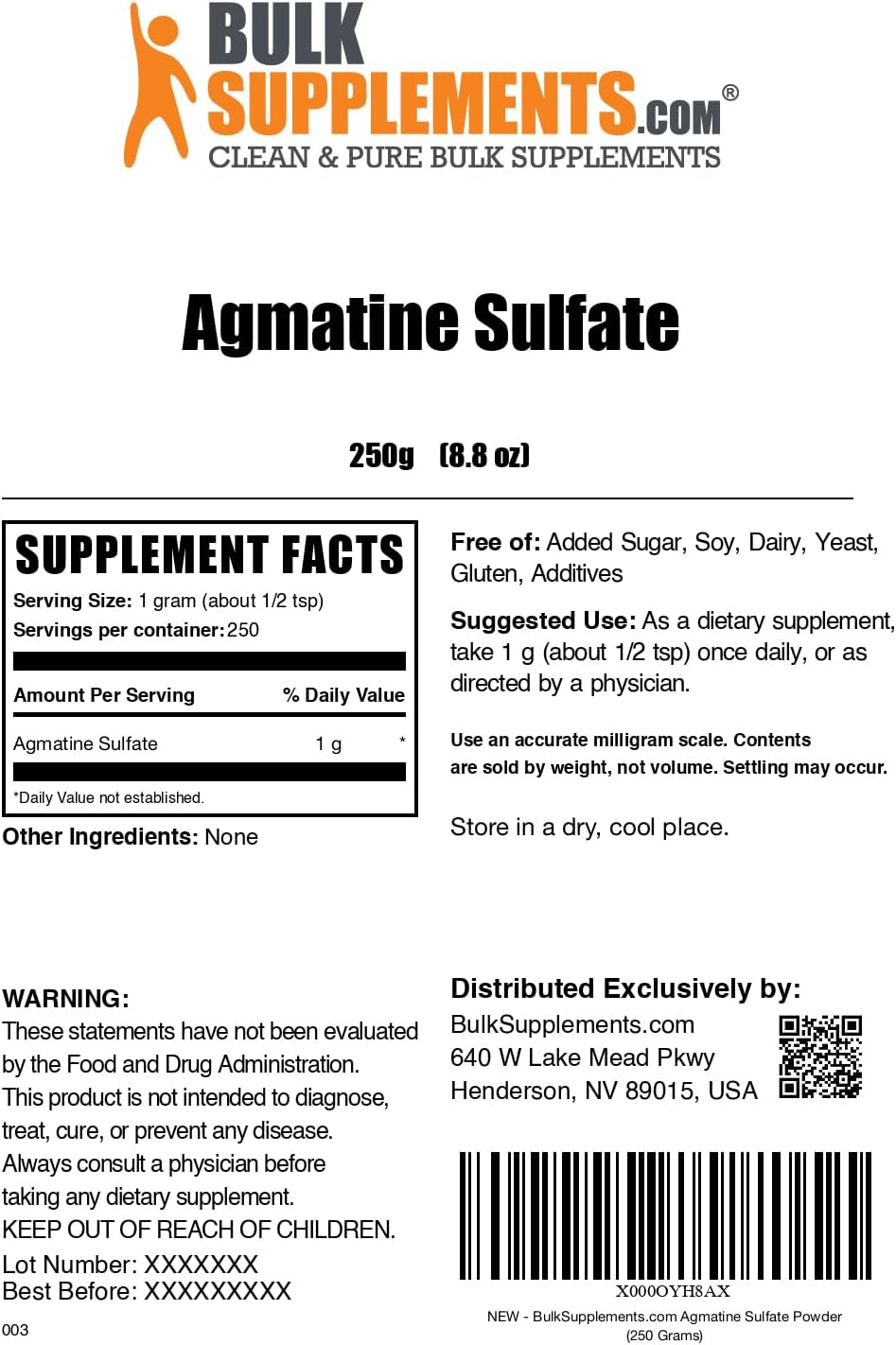 BulkSupplements Agmatine Sulfate Powder 250g - Nitric Oxide Booster, 1000mg per Serving, Unflavored, Gluten Free - 8.8 oz Jar - BoostGo Australia