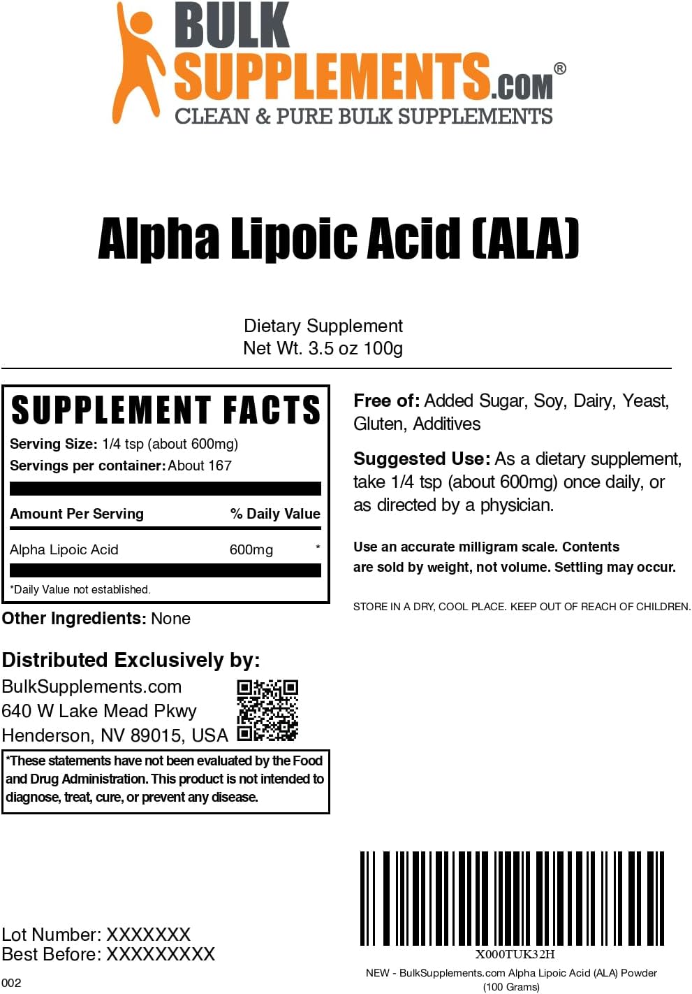 BulkSupplements Alpha Lipoic Acid Powder - 600mg ALA Supplement, Gluten Free - 100g (3.5 oz) - Pack of 1