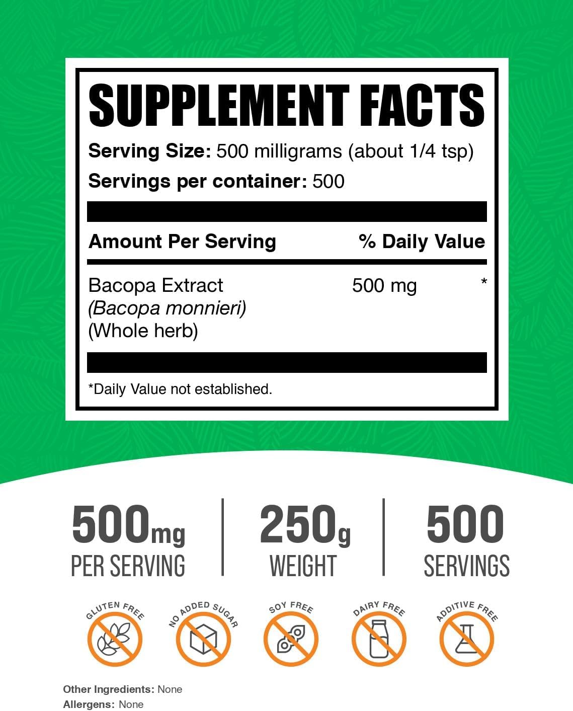 BulkSupplements Bacopa Monnieri Extract Powder - 500mg per Serving, 250g - Vegan & Gluten Free Supplement