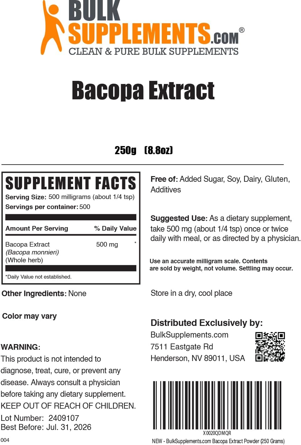 BulkSupplements Bacopa Monnieri Extract Powder - 500mg per Serving, 250g - Vegan & Gluten Free Supplement