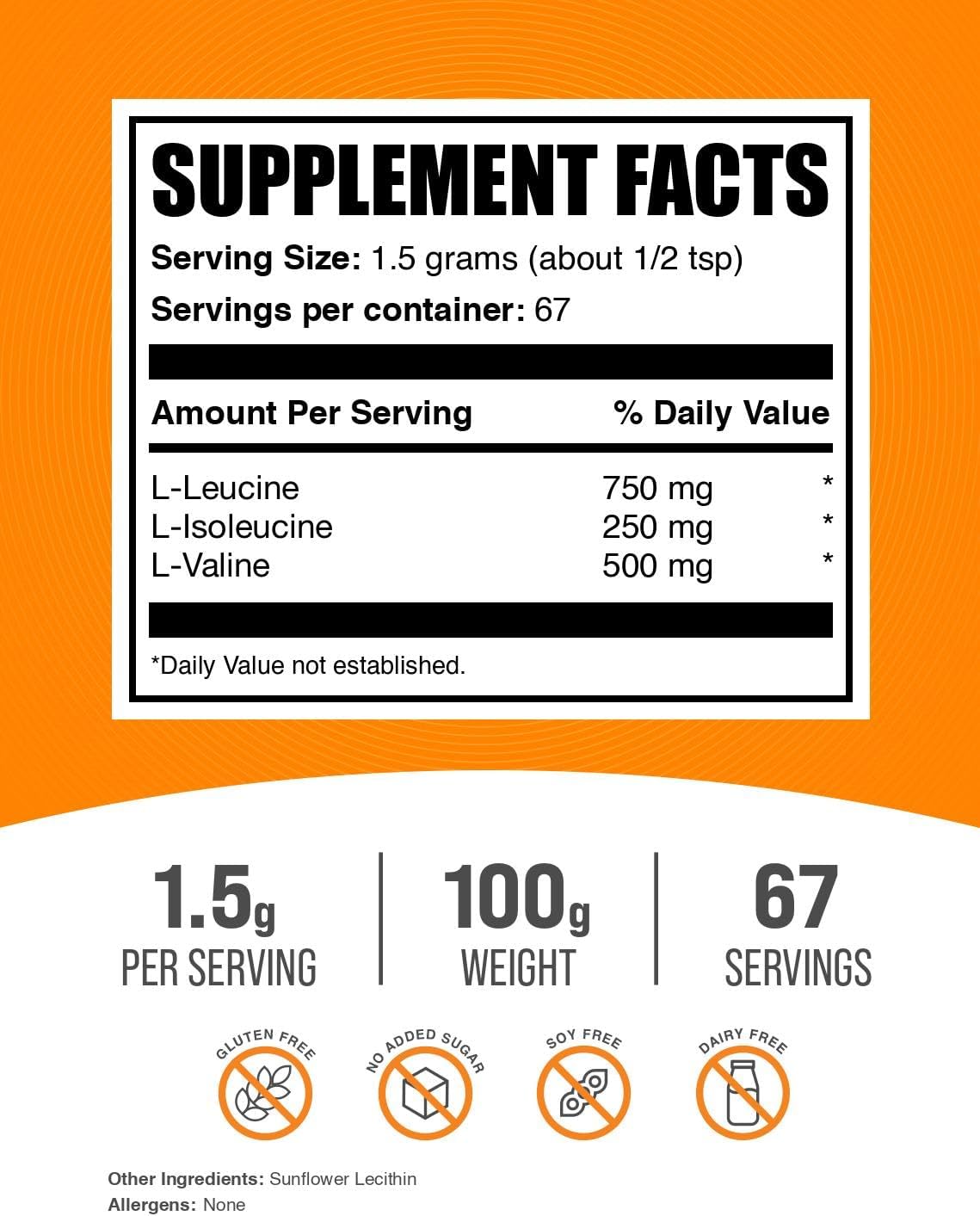 BulkSupplements BCAA 3:1:2 Powder - Unflavored Gluten-Free BCAA Supplement - 1500mg per Serving - 100g (3.5 oz) - Pack of 1