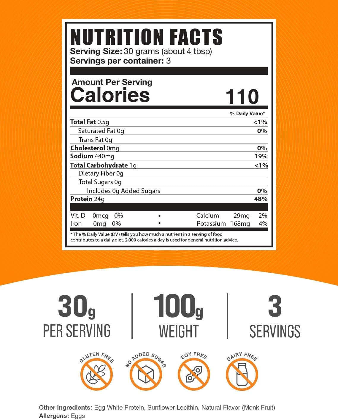 BulkSupplements Egg White Protein Powder - Unflavored & Gluten Free, 30g per Serving - Dairy Free Egg White Powder, 100g Pack