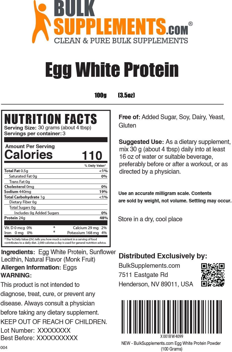 BulkSupplements Egg White Protein Powder - Unflavored & Gluten Free, 30g per Serving - Dairy Free Egg White Powder, 100g Pack