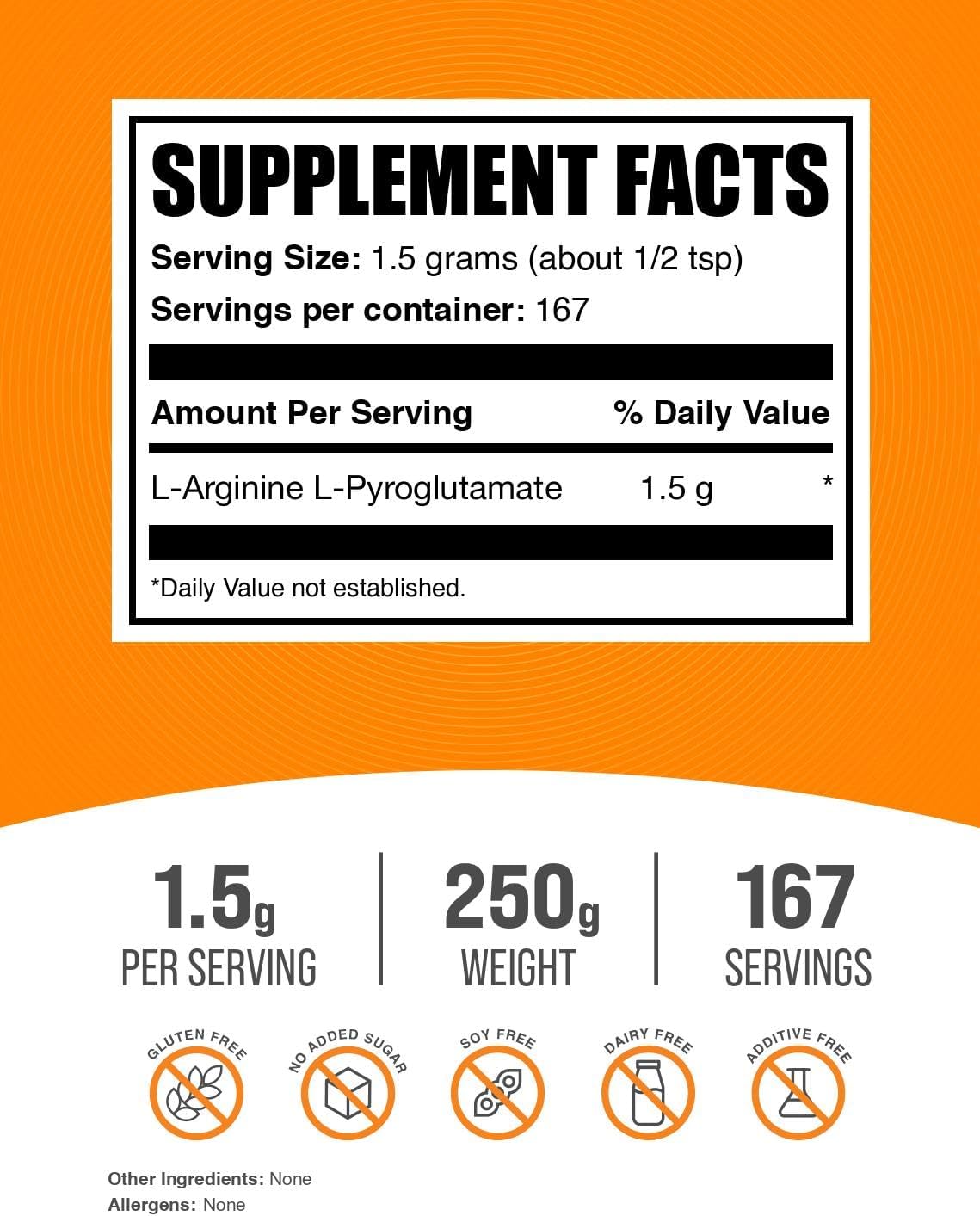 BulkSupplements L-Arginine L-Pyroglutamate Powder - Nitric Oxide Booster, Gluten-Free Arginine Supplement - 1500mg per Serving, 250g (8.8 oz)