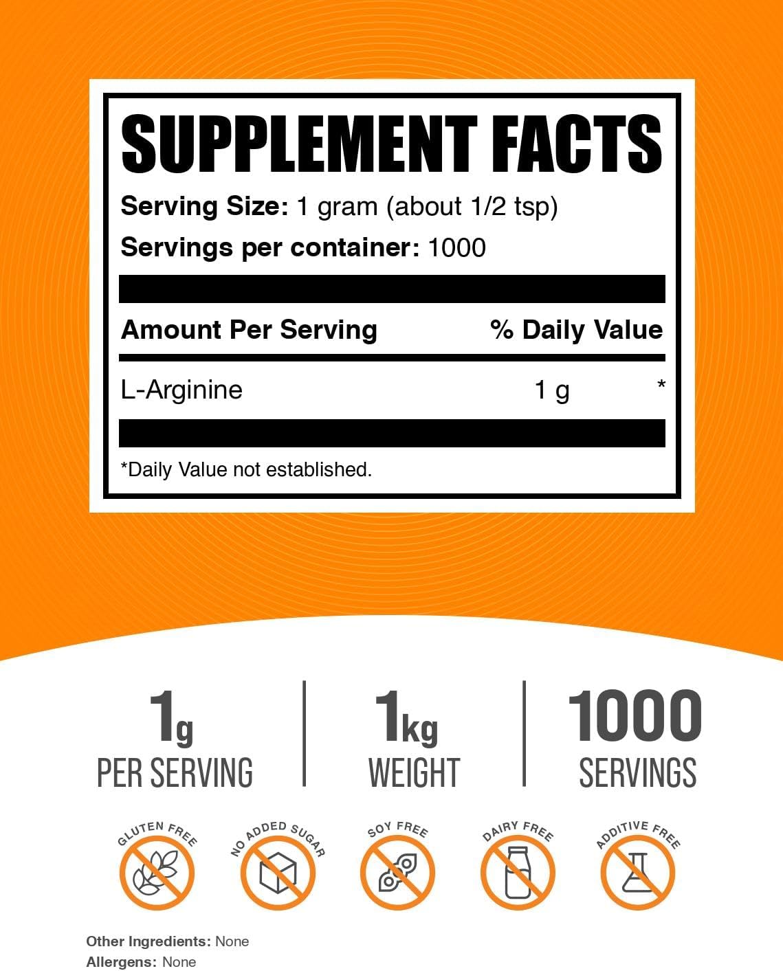 BulkSupplements L-Arginine Powder - 1000mg Arginine Supplement for Nitric Oxide Boost - Unflavored Gluten-Free - 1kg (2.2 lbs)