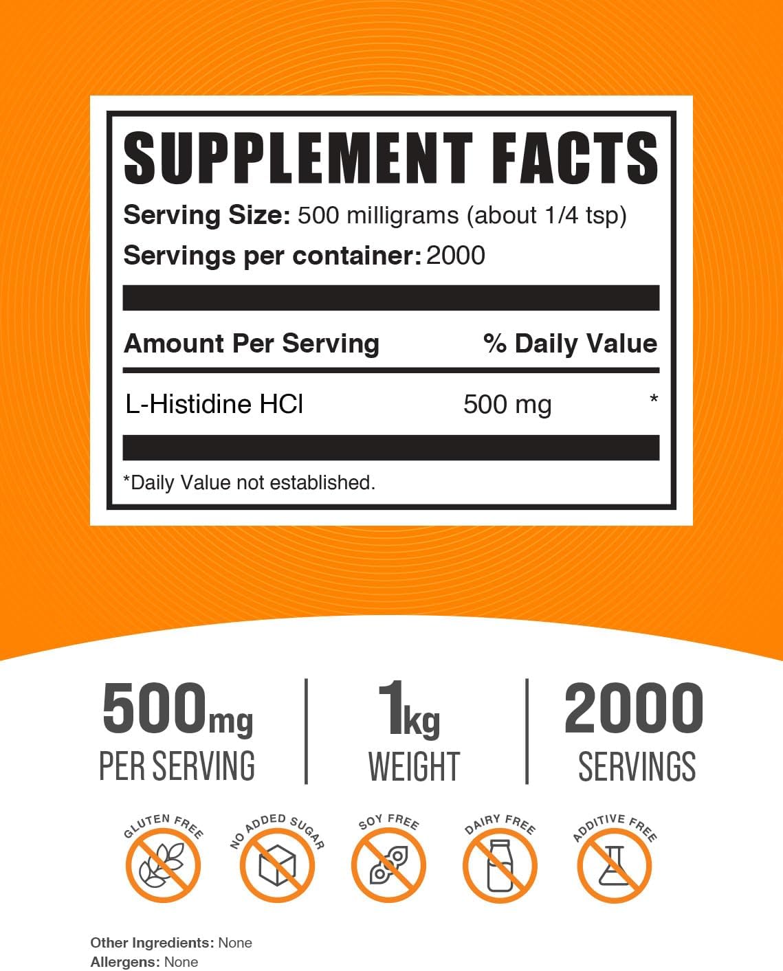 BulkSupplements L-Histidine HCl Powder - 500mg Histidine Supplement, Essential Amino Acid - Gluten Free, 1kg (2.2 lbs) Pack