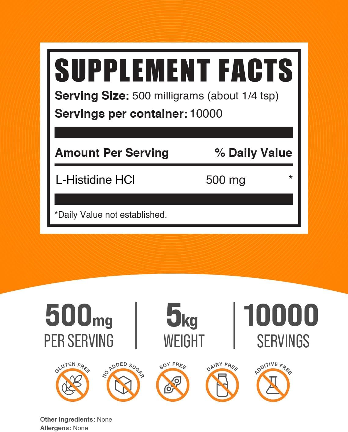 BulkSupplements L-Histidine HCl Powder - Essential Amino Acid Supplement, 500mg per Serving, Gluten Free - 5kg (11 lbs) Pack of 5