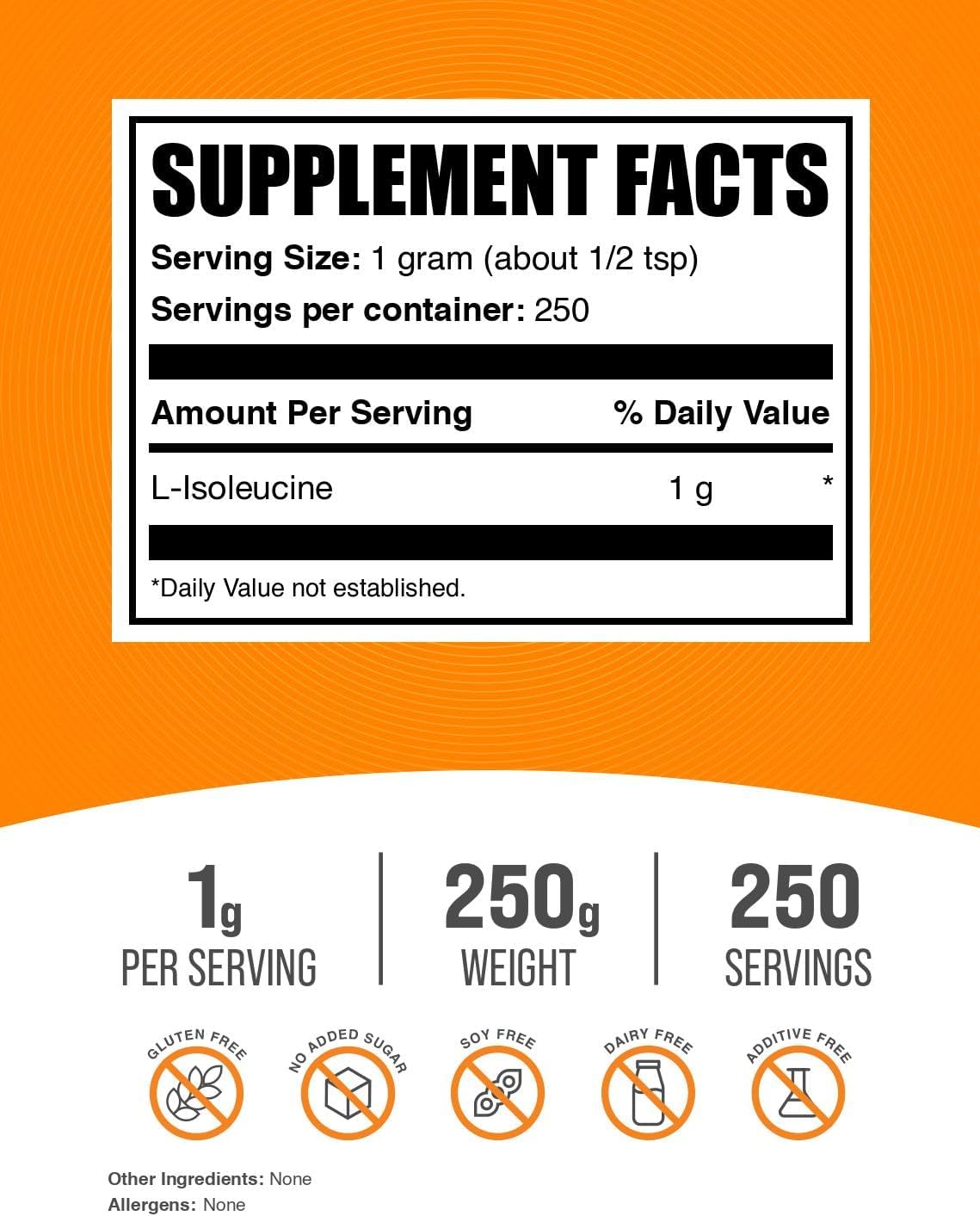 BulkSupplements L-Isoleucine Powder - BCAA Amino Acid Supplement, Unflavored & Gluten Free, 1000mg per Serving, 250g (8.8 oz) Pack