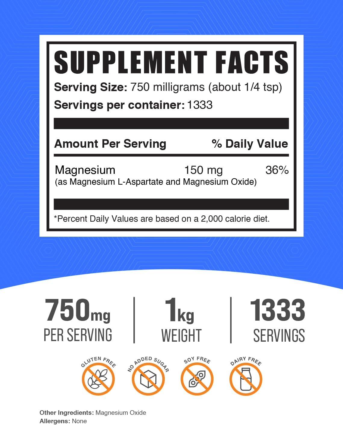BulkSupplements Magnesium L-Aspartate Powder - High Absorption, Gluten Free, 1kg (2.2 lbs) - 750mg (150mg Magnesium) per Serving