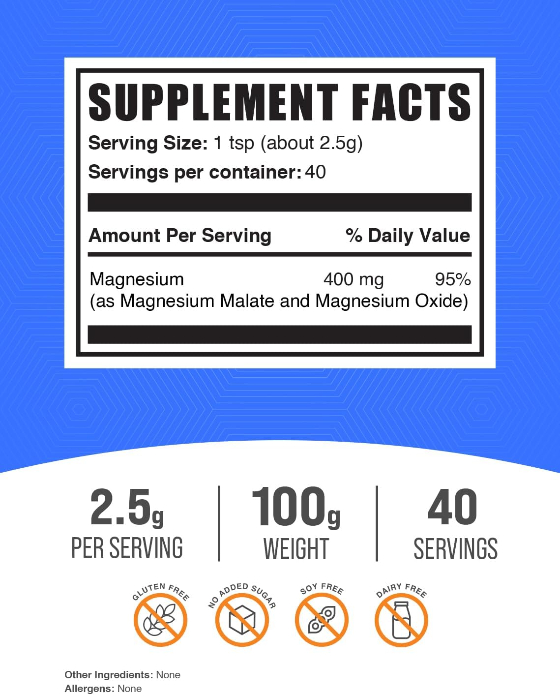 BulkSupplements Magnesium Malate Powder - 100g (3.5 oz) Pure Magnesium Supplement - Gluten Free - 2500mg (400mg Magnesium) per Serving