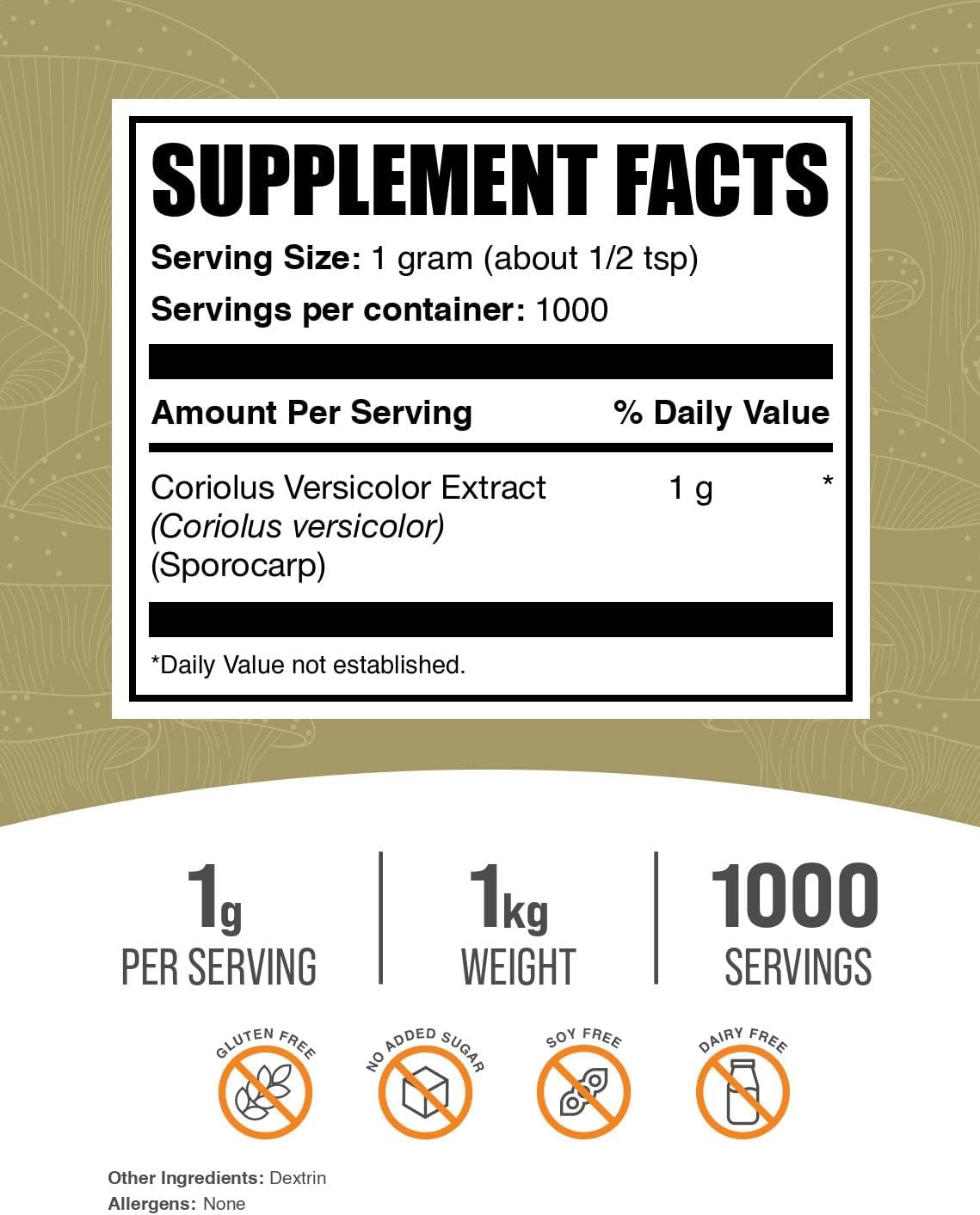 BulkSupplements Turkey Tail Mushroom Extract Powder - Coriolus Versicolor, Vegan & Gluten Free - 1kg (2.2 lbs) - Pack of 1