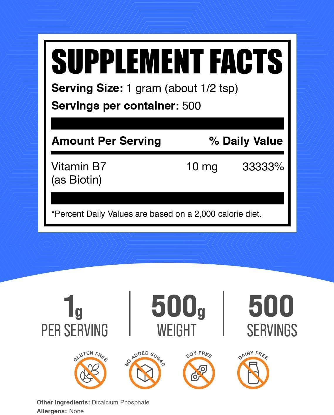 BulkSupplements.com 10,000mcg Biotin Powder for Hair, Skin, Nails - Vitamin B7, Gluten Free, 1.1 lbs (Pack of 1)