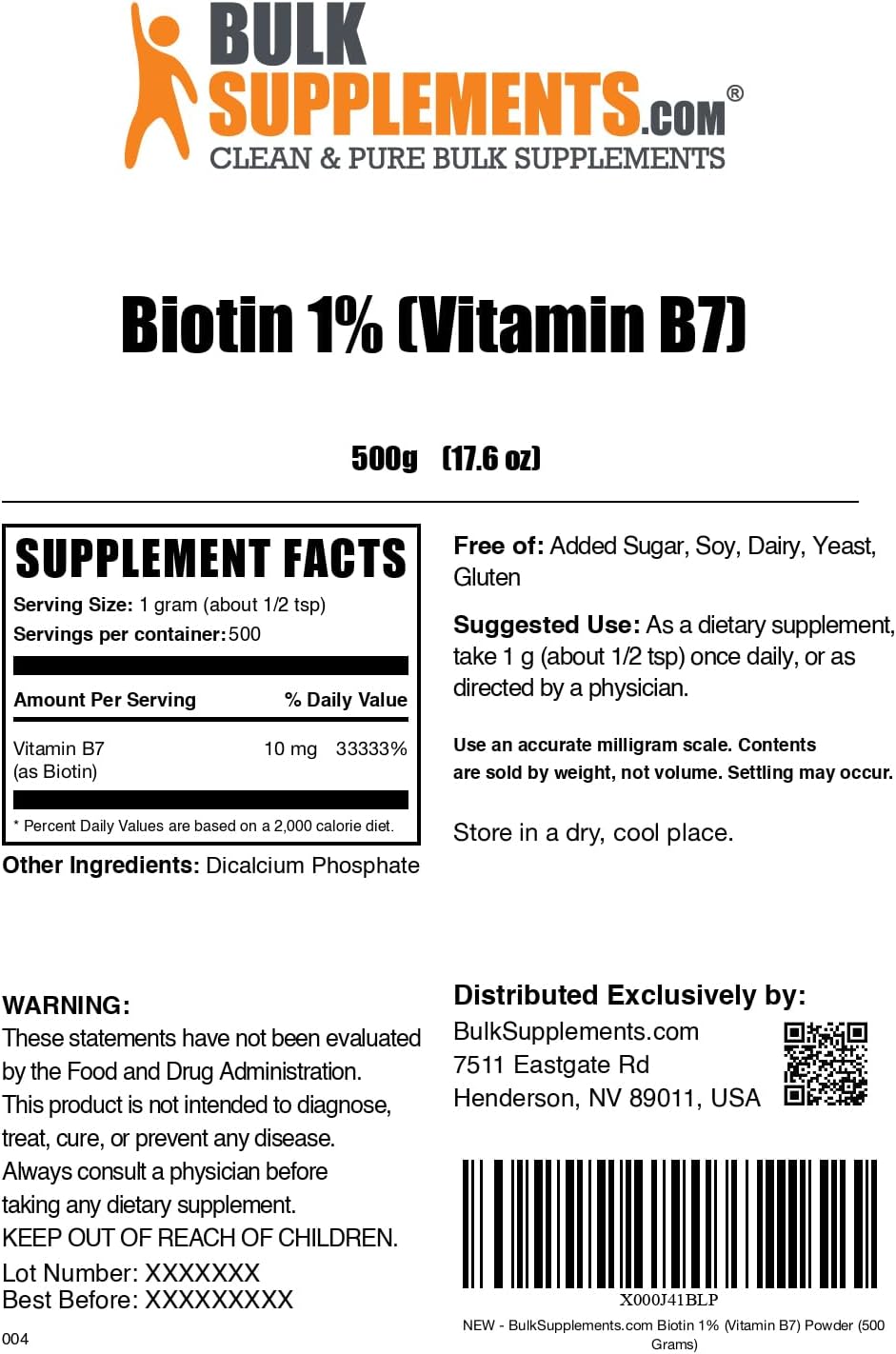 BulkSupplements.com 10,000mcg Biotin Powder for Hair, Skin, Nails - Vitamin B7, Gluten Free, 1.1 lbs (Pack of 1)
