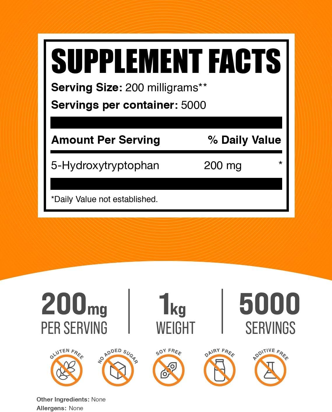 BulkSupplements.com 5-HTP Powder - 200mg Mood Support Supplement - Gluten Free - 1kg Pack of 1