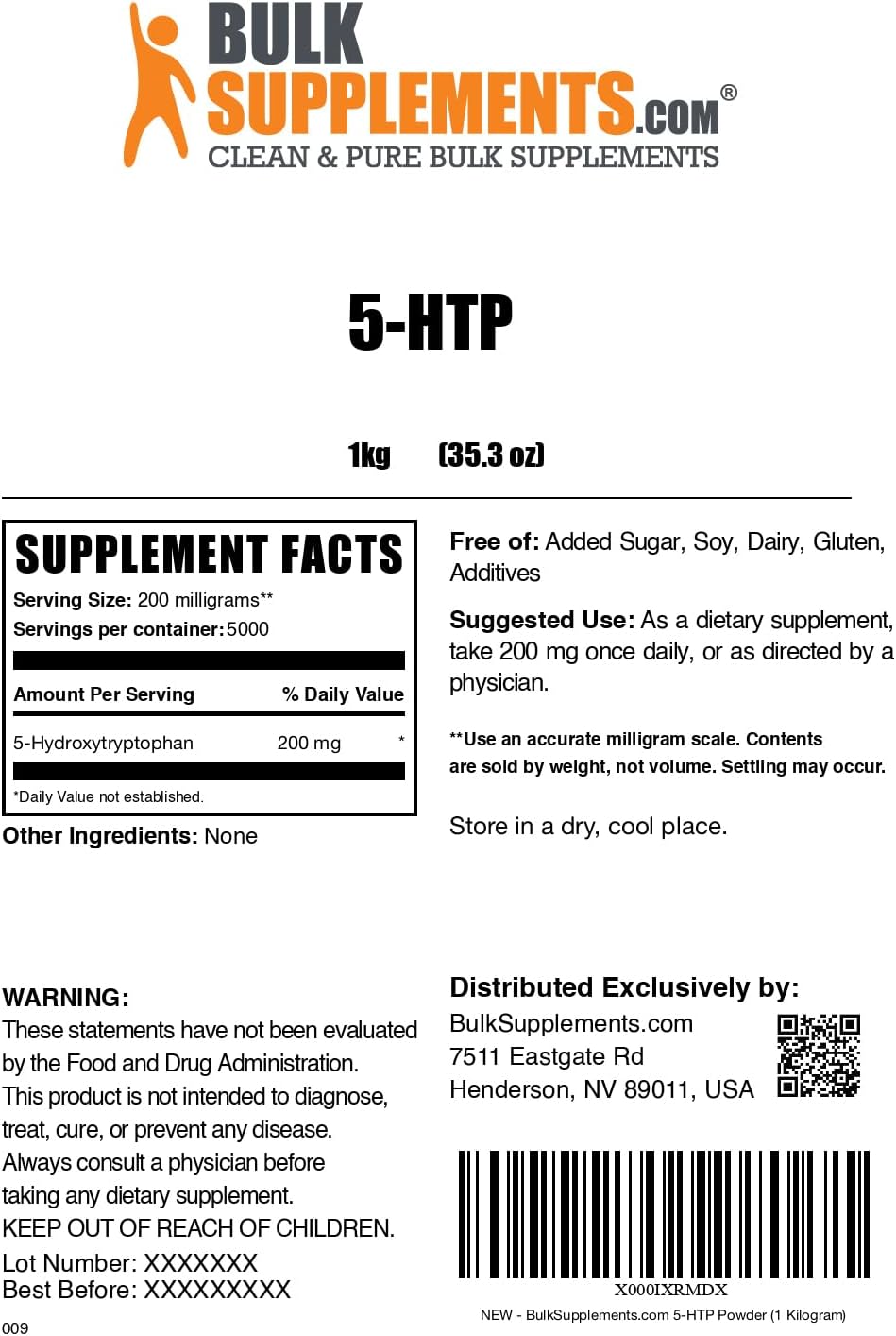 BulkSupplements.com 5-HTP Powder - 200mg Mood Support Supplement - Gluten Free - 1kg Pack of 1