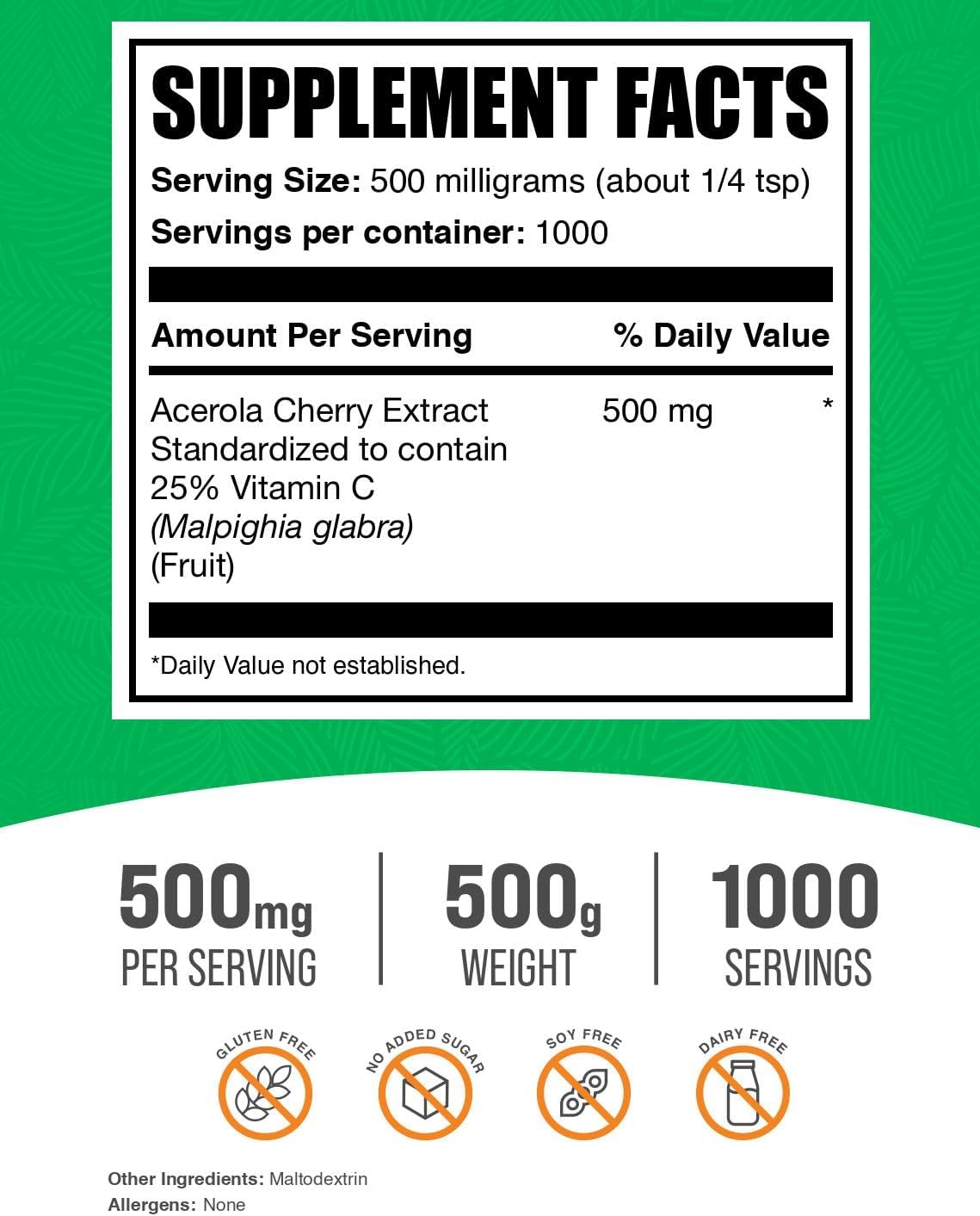 BulkSupplements.com Acerola Cherry Extract Powder - 500g (1.1 lbs) - Natural Vitamin C Supplement - Vegan & Gluten Free - 500mg per Serving