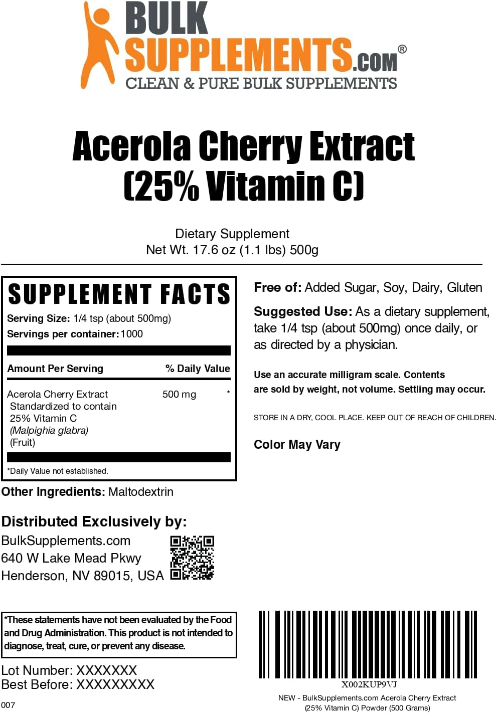 BulkSupplements.com Acerola Cherry Extract Powder - 500g (1.1 lbs) - Natural Vitamin C Supplement - Vegan & Gluten Free - 500mg per Serving