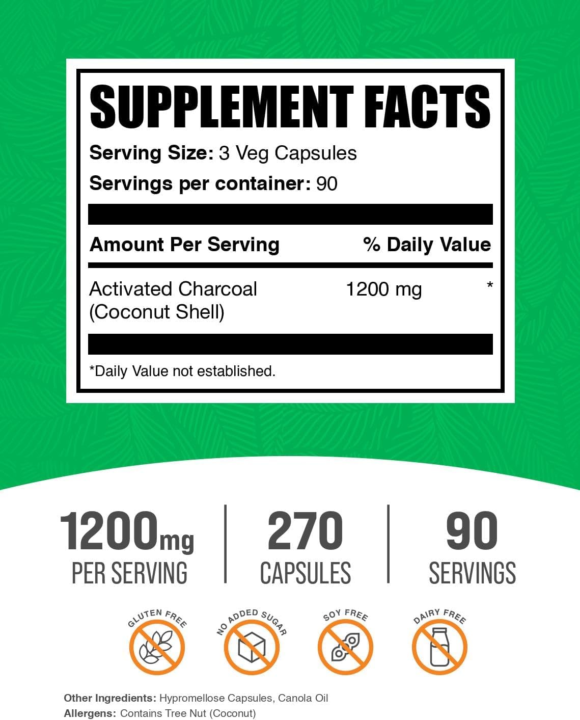 BulkSupplements.com Activated Charcoal Capsules - Coconut Charcoal, Activated Charcoal for Kidney Support, Activated Charcoal Pills - Vegan, 3 Capsules per Serving (1200mg), 270 Veg Capsules