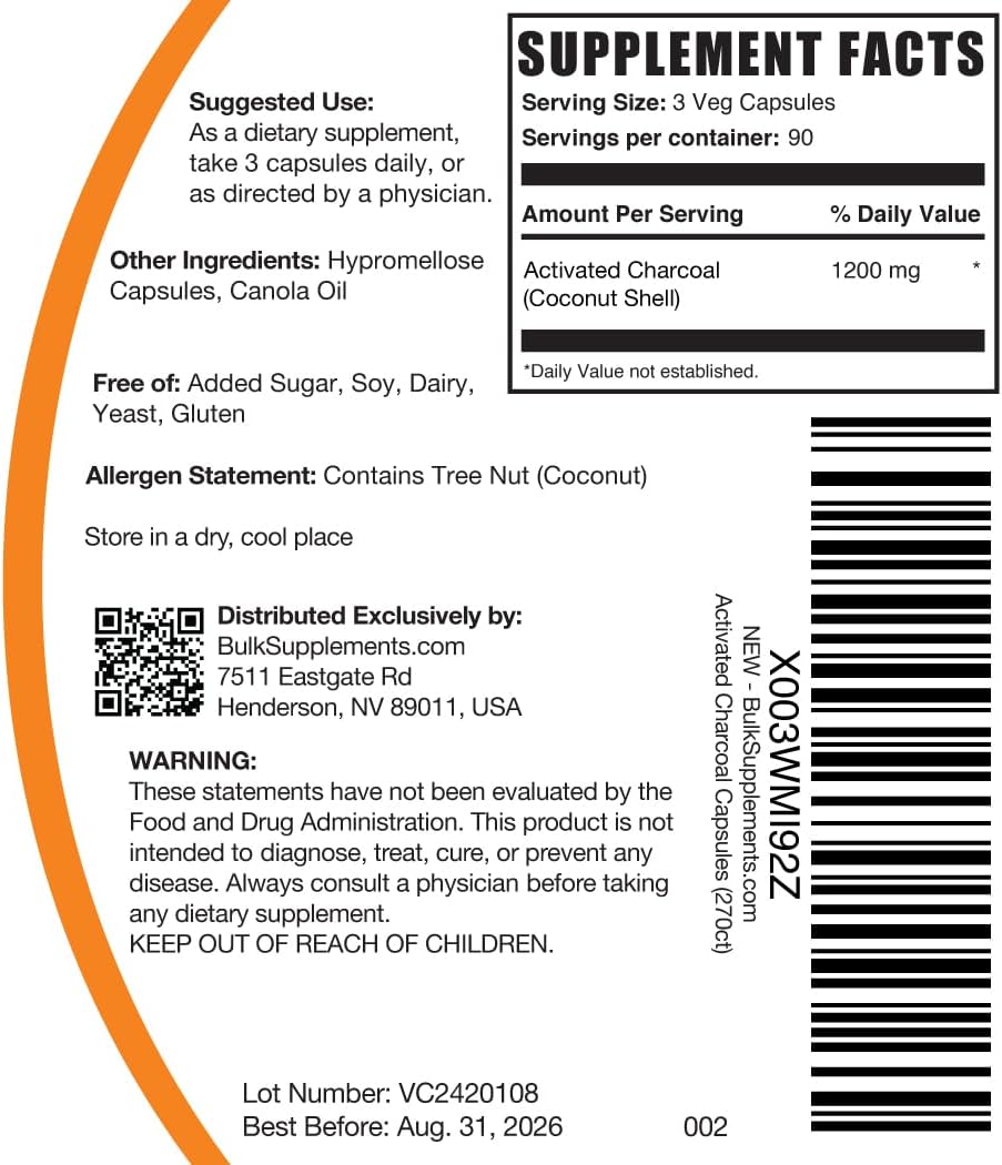 BulkSupplements.com Activated Charcoal Capsules - Coconut Charcoal, Activated Charcoal for Kidney Support, Activated Charcoal Pills - Vegan, 3 Capsules per Serving (1200mg), 270 Veg Capsules