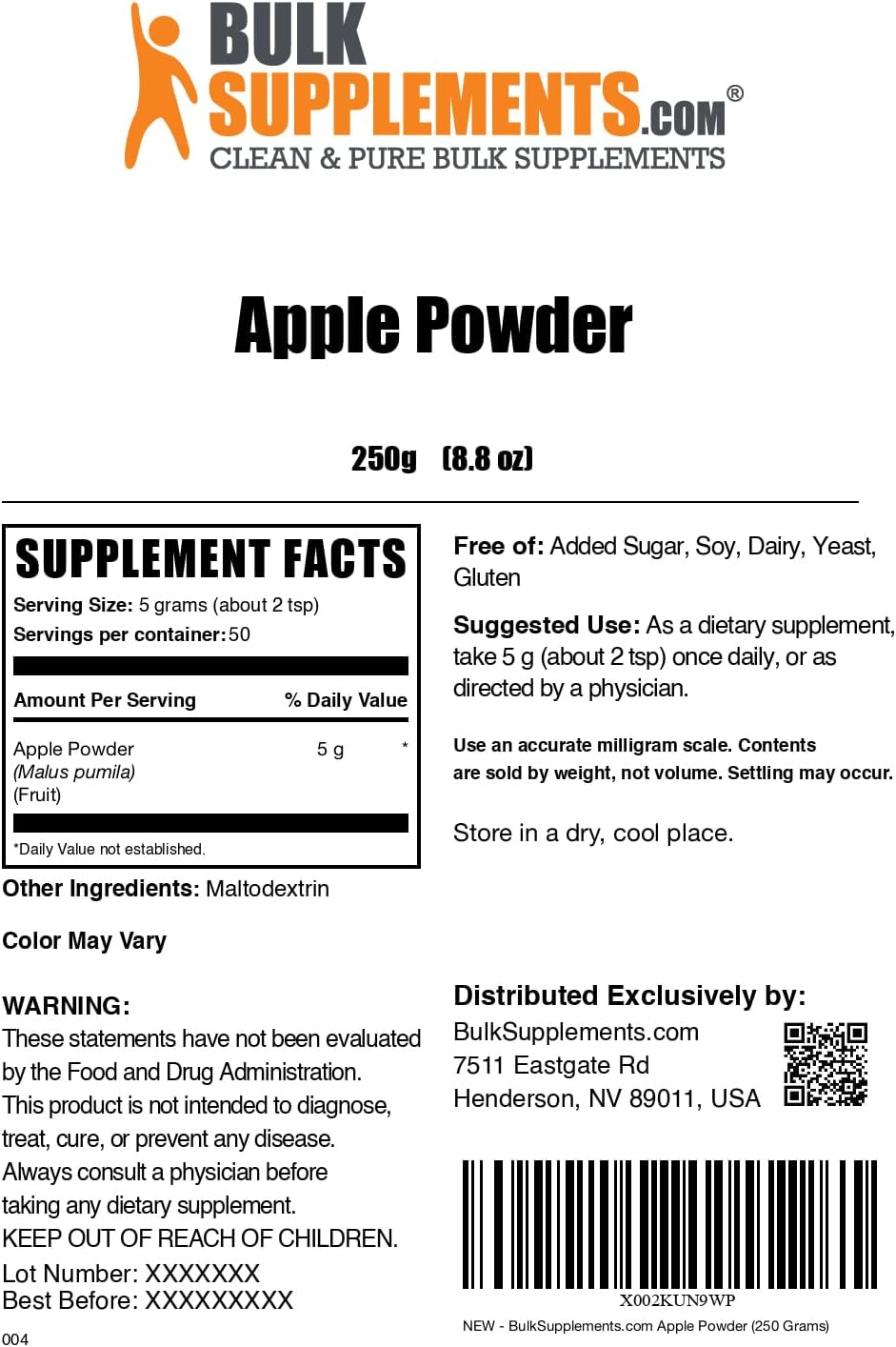 BulkSupplements.com Apple Fruit Powder - Superfood for Digestive Support, Gluten-Free & Natural, 250g (8.8 oz) - 5g per Serving