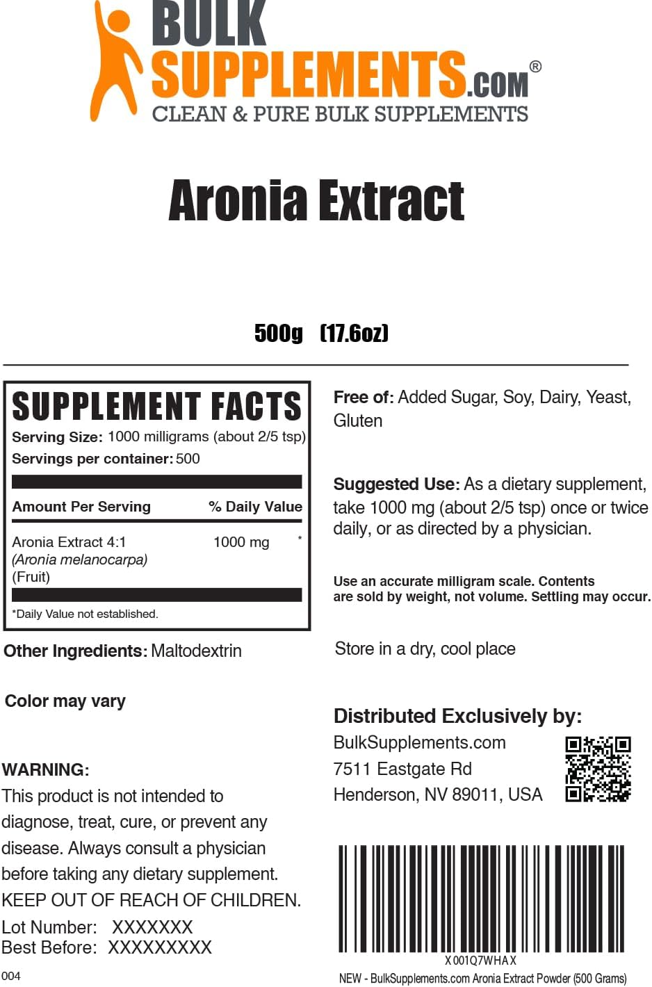 BulkSupplements.com Aronia Berry Extract Powder - Chokeberry Supplement, Gluten Free, 1000mg per Serving, 500g (1.1 lbs) Pack of 1