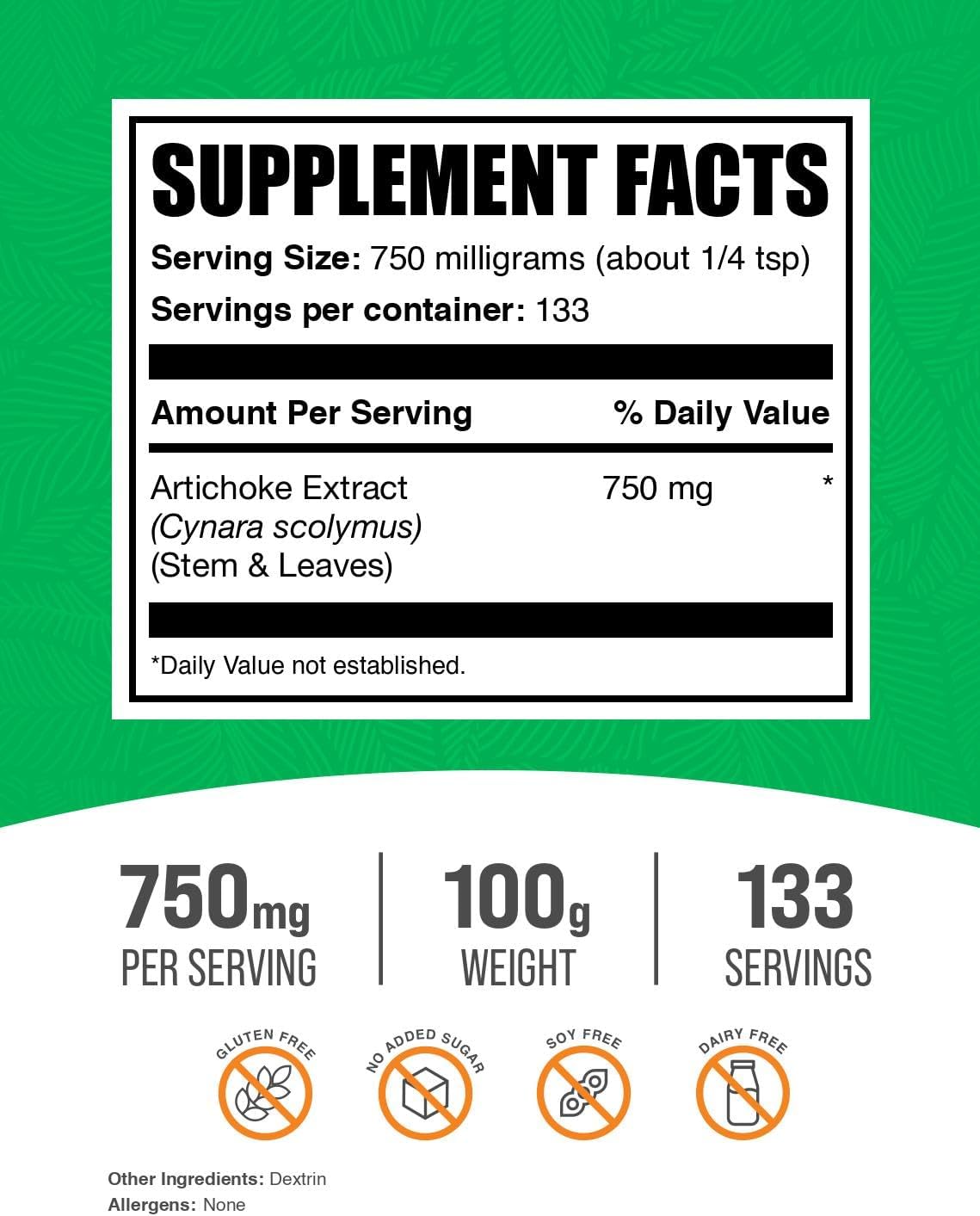 BulkSupplements.com Artichoke Extract Powder - 100g (3.5 oz) Pack - Herbal Supplement from Artichoke Leaf & Stem - Gluten Free - 750mg per Serving