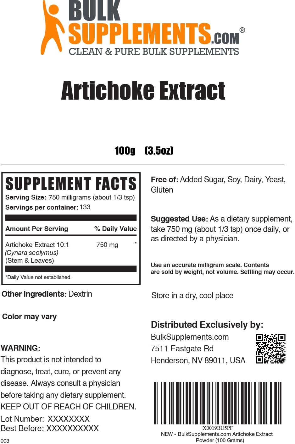 BulkSupplements.com Artichoke Extract Powder - 100g (3.5 oz) Pack - Herbal Supplement from Artichoke Leaf & Stem - Gluten Free - 750mg per Serving
