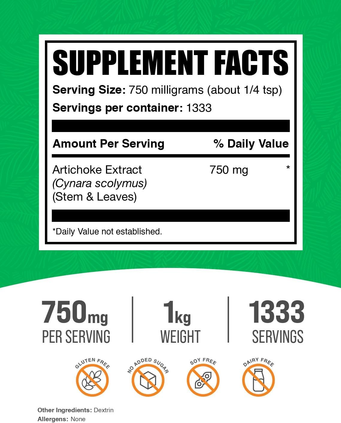 BulkSupplements.com Artichoke Extract Powder - 750mg per Serving, 1kg (2.2 lbs) - Herbal & Gluten Free Supplement from Artichoke Leaf & Stem