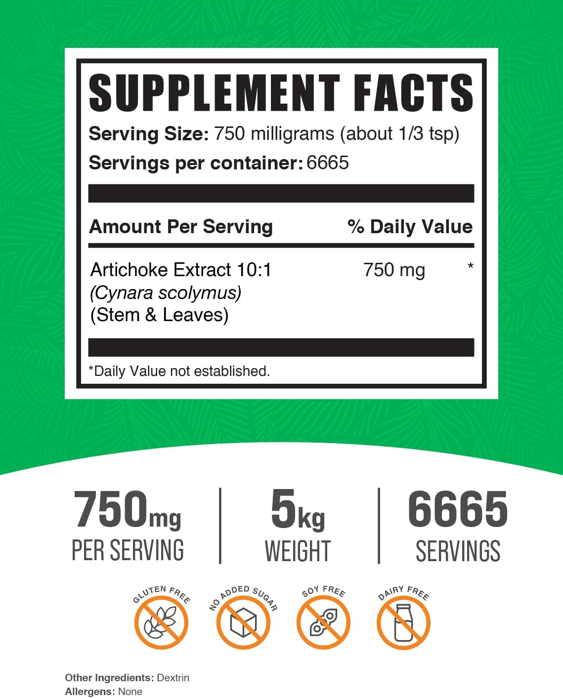 BulkSupplements.com Artichoke Extract Powder - 750mg per Serving, Herbal & Gluten Free, 5kg (11 lbs) - Pack of 5