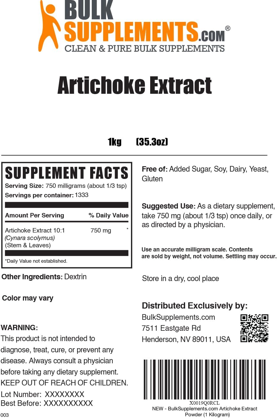 BulkSupplements.com Artichoke Extract Powder - 750mg per Serving, 1kg (2.2 lbs) - Herbal & Gluten Free Supplement from Artichoke Leaf & Stem