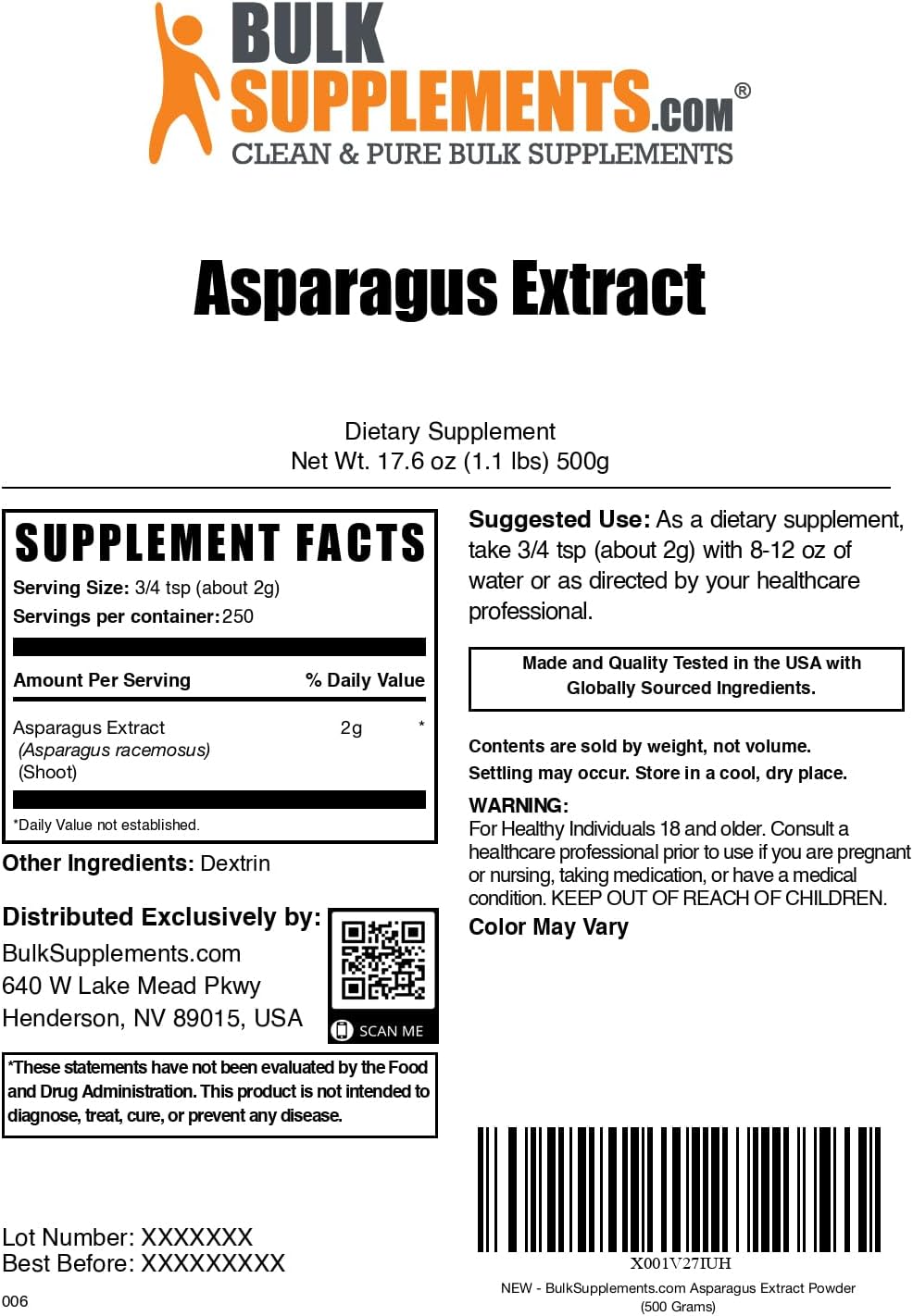 BulkSupplements.com Asparagus Extract Powder - Herbal Asparagus Supplement, Gluten Free - 2000mg per Serving, 500g (1.1 lbs) (Pack of 1)