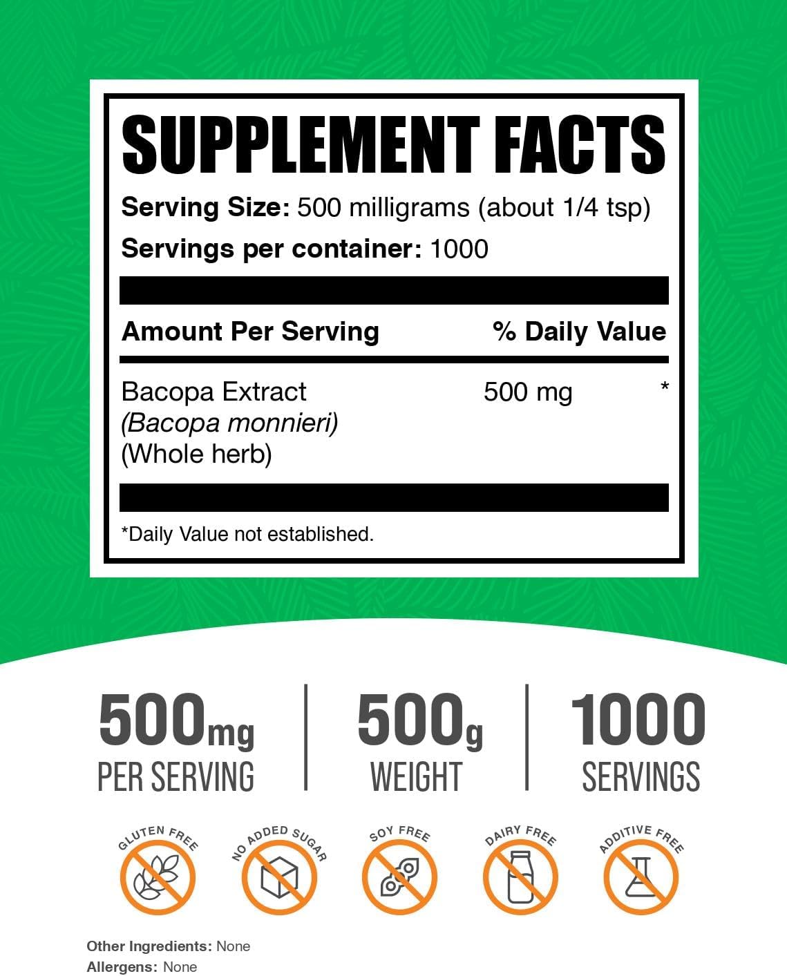 BulkSupplements.com Bacopa Monnieri Extract Powder - 500mg per Serving, 500g (1.1 lbs) - Vegan & Gluten Free Bacopa Supplement