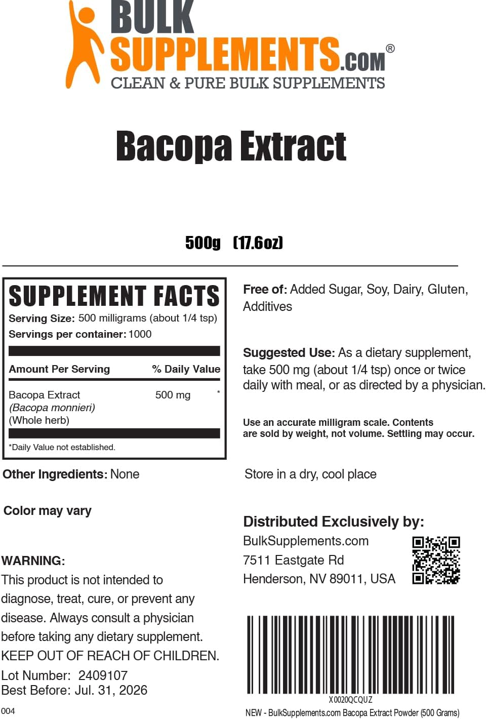 BulkSupplements.com Bacopa Monnieri Extract Powder - 500mg per Serving, 500g (1.1 lbs) - Vegan & Gluten Free Bacopa Supplement