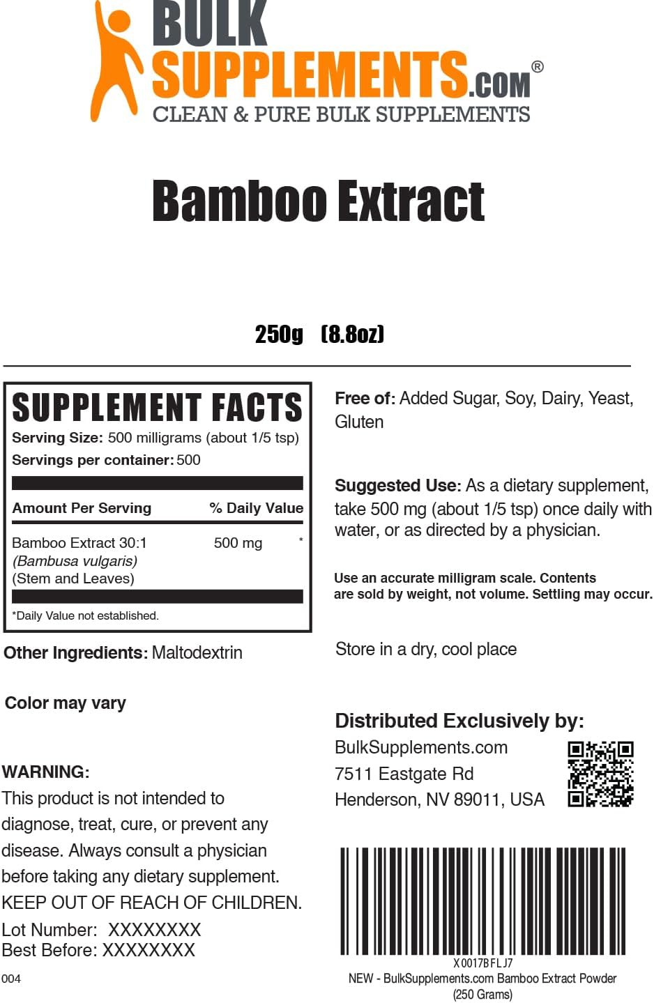 BulkSupplements.com Bamboo Extract Powder - Herbal Silica Supplement, Gluten-Free Bamboo Powder - 500mg per Serving, 250g (8.8 oz)