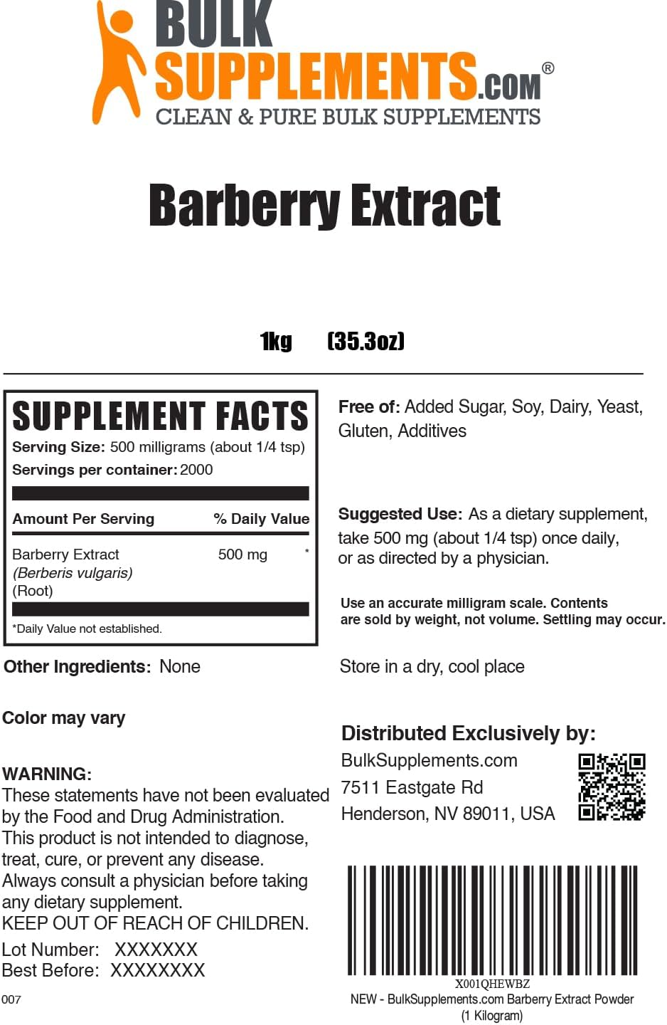 BulkSupplements.com Barberry Extract Powder - Herbal Supplement, Gluten Free, 500mg per Serving, 1kg (2.2 lbs) (Pack of 1) - Barberry Supplements