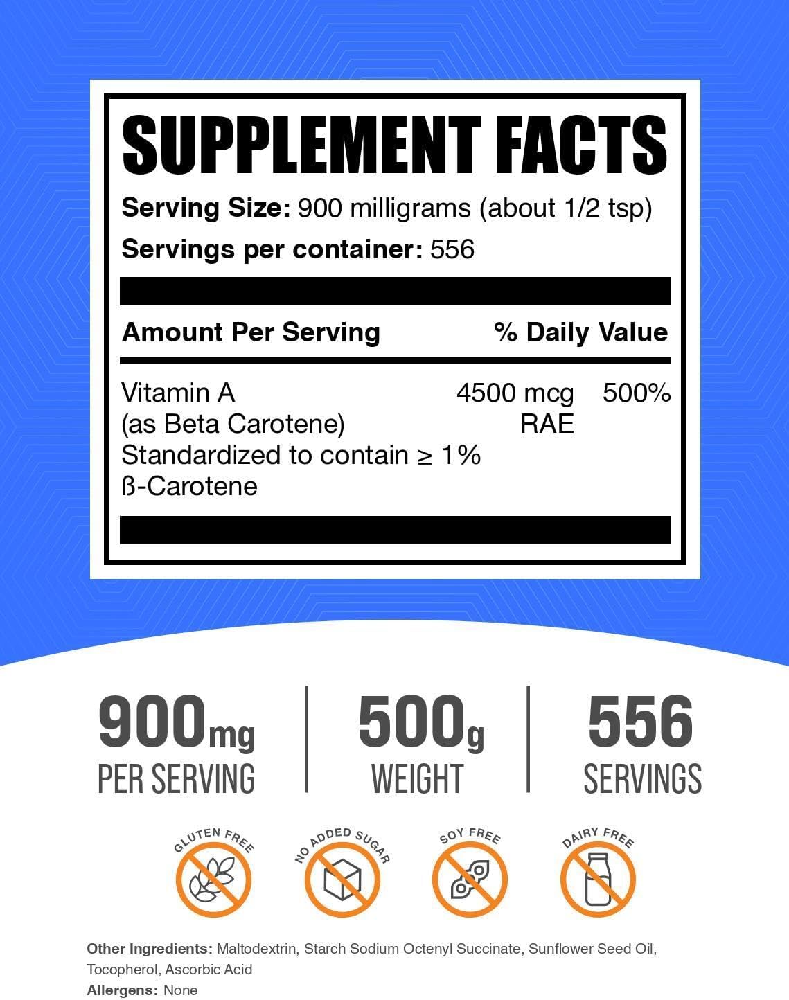 BulkSupplements.com Beta Carotene Powder - 900mg per Serving, 500g - Vitamin A & Eye Health Support Supplement