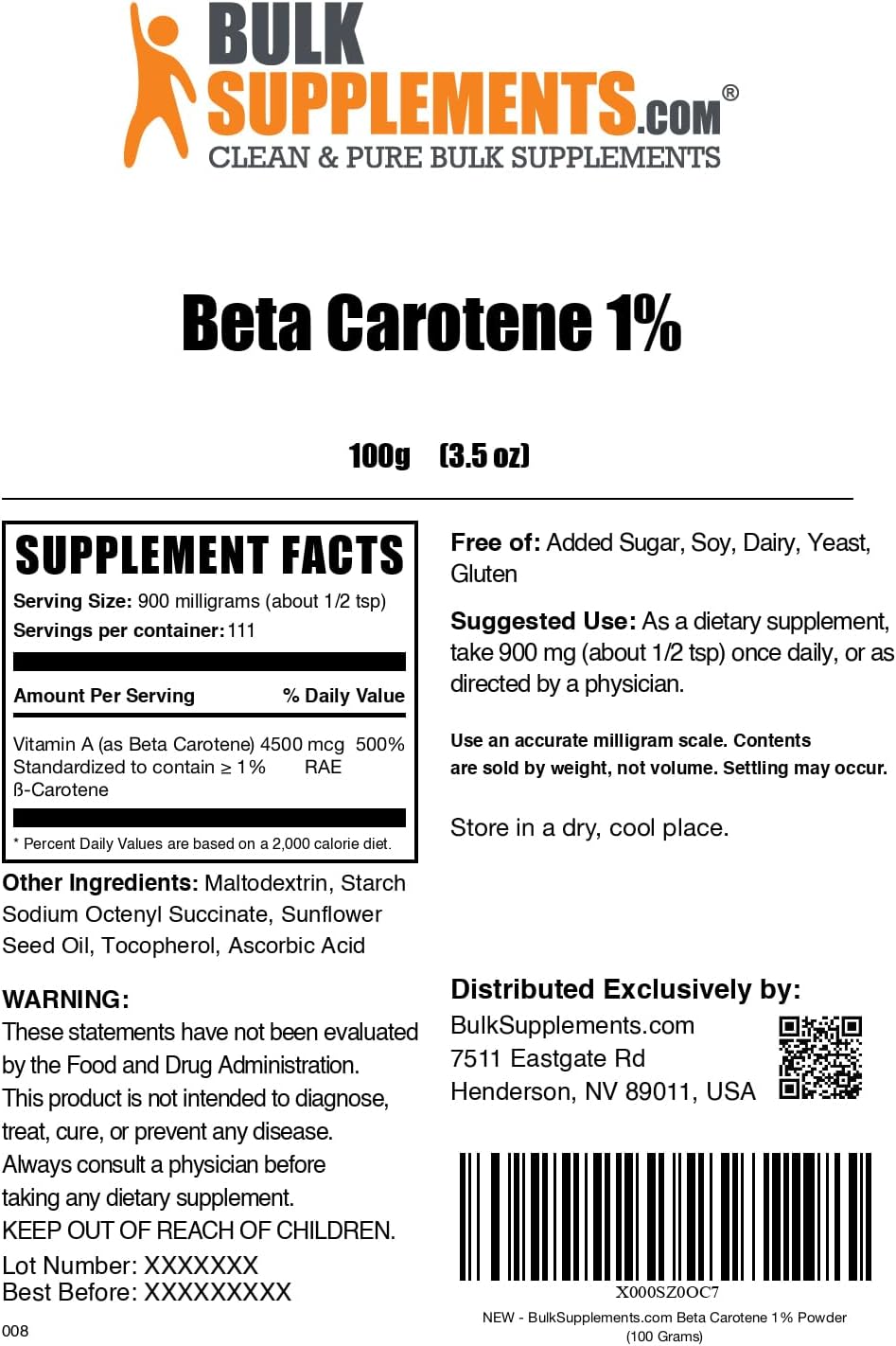 BulkSupplements.com Beta Carotene Powder - 900mg per Serving - Vitamin A & Eye Health Support - Gluten Free - 100g (3.5 oz)