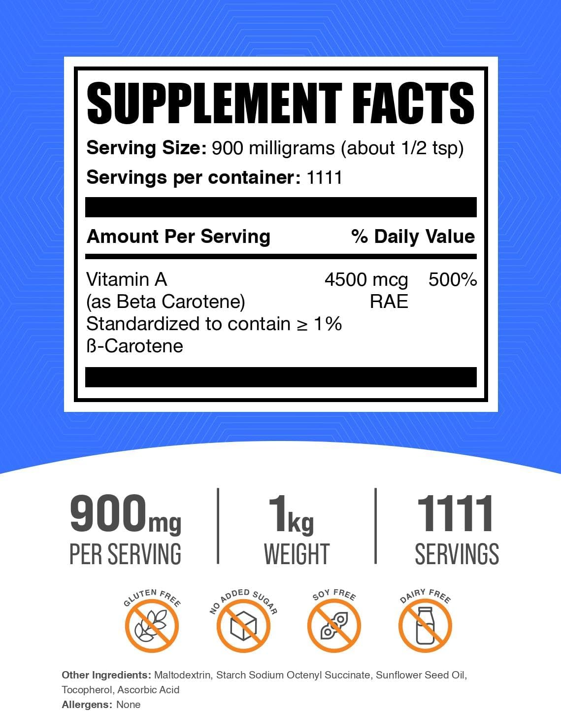 BulkSupplements.com Beta Carotene Powder - Vision Support Supplement - Eye Health Vitamins - Melanin Booster - 1kg/2.2lbs