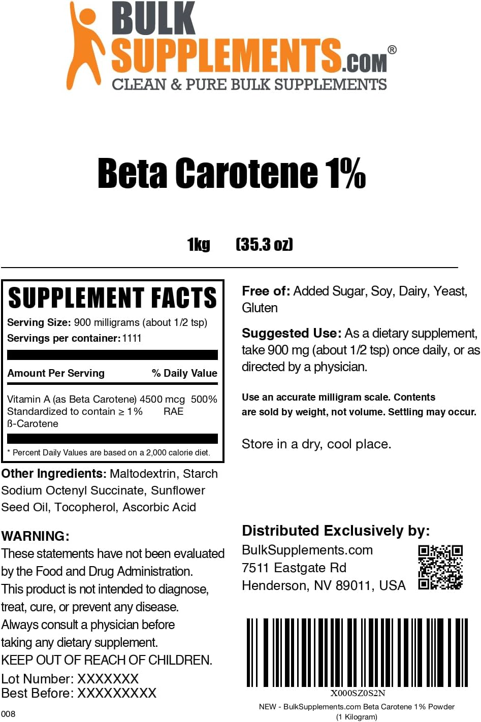 BulkSupplements.com Beta Carotene Powder - Vision Support Supplement - Eye Health Vitamins - Melanin Booster - 1kg/2.2lbs